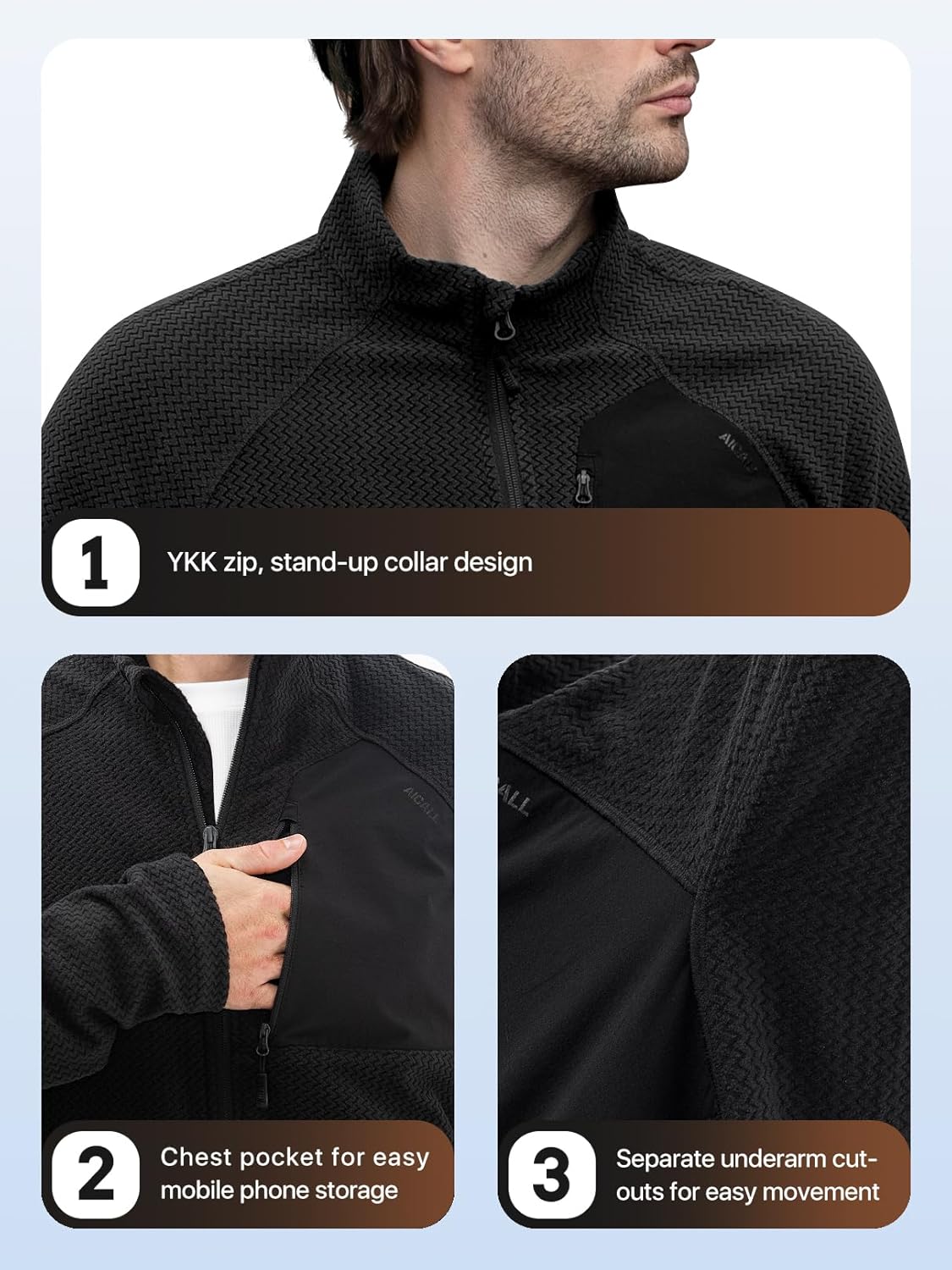 Men's AIR Full Zip Wave-textured Lightweight Fleece Jacket Breathable Jacket for Outdoor Hiking Camping - Image 2