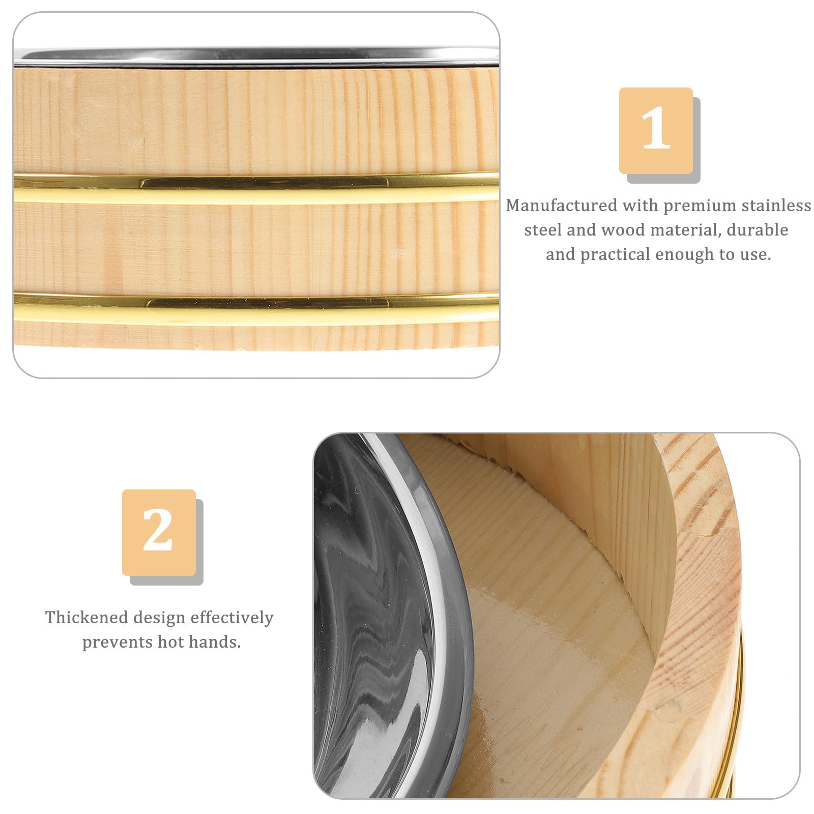 IMIKEYA Cubo de Arroz para Sushi Japonés de 25 Cm Base de Madera Natural y Recipiente Interior de Acero Inoxidable, Plato para Bibimbap, Mariscos y Uso en Restaurante o Cocina Casera