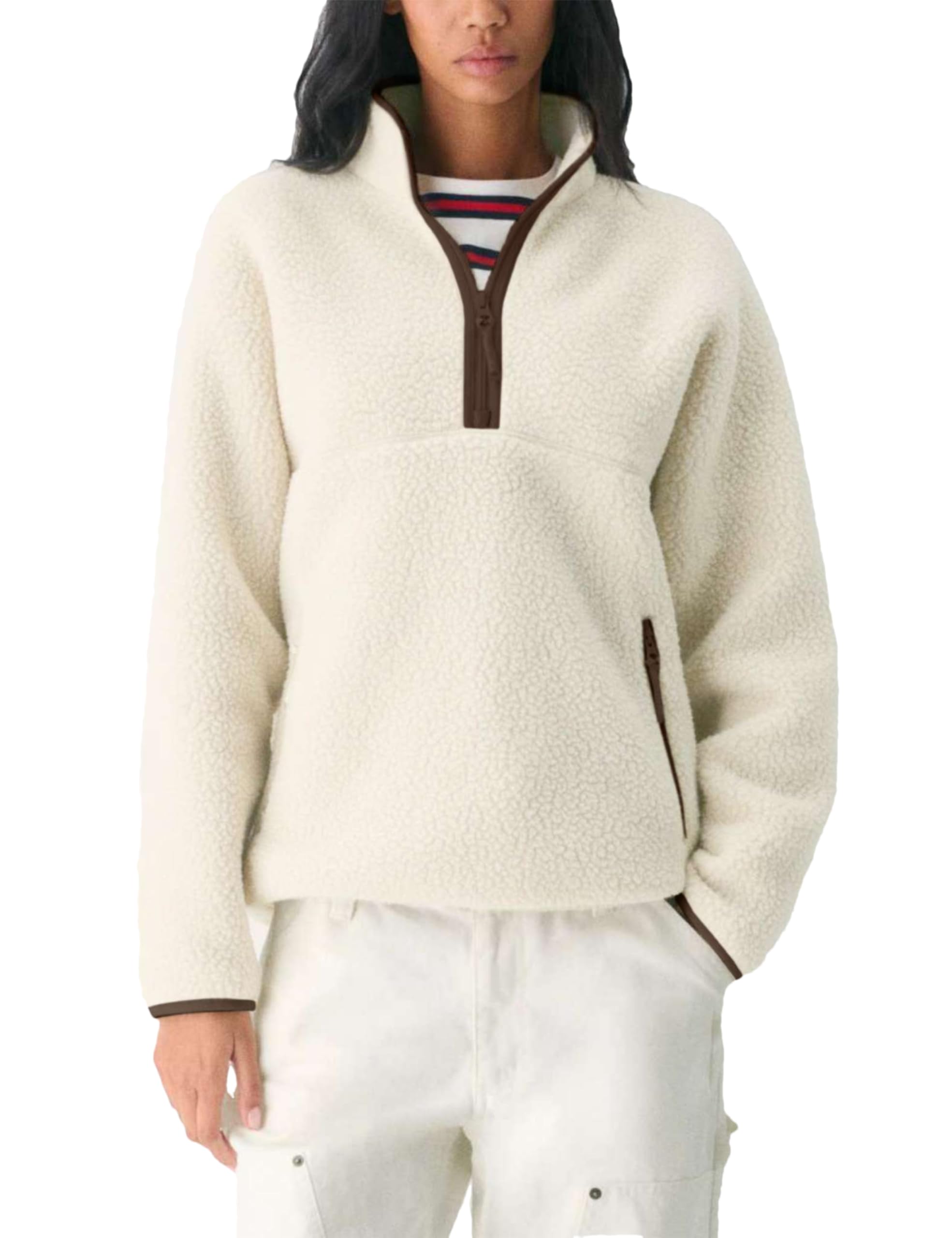 Aimiray Women’s Quarter Zip Fleece Pullover Fuzzy Sherpa Jacket | Half Zip Mockneck Sweatshirt Jacket,Long Sleeve Cozy Layering Tops,Fuzzy Brown Teddy Outfits for Fall Winter Cold Outdoor