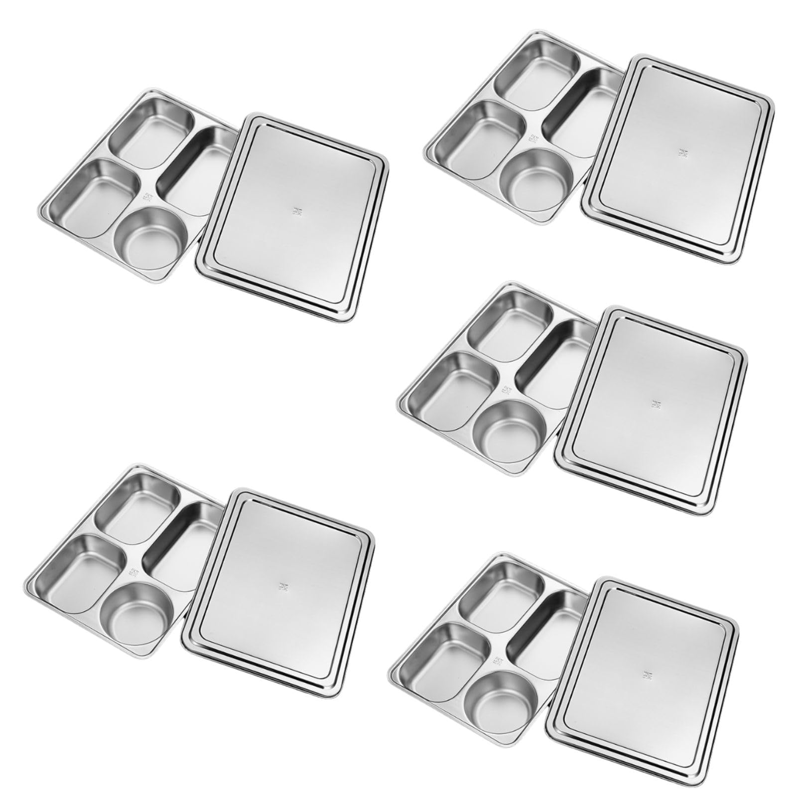 Lot de 5 assiettes divisées en acier inoxydable avec couvercles, plateau à dîner divisé en acier inoxydable 4 sections pour les mangeurs difficiles, les campeurs et le contrôle des portions