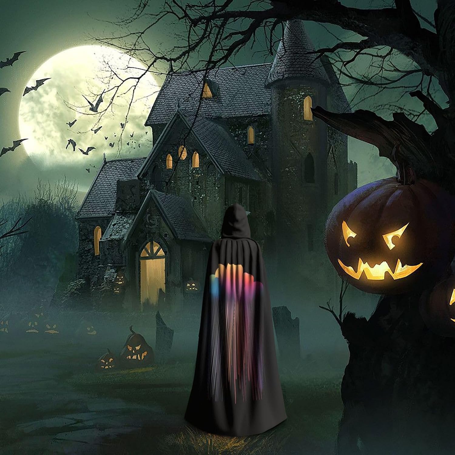 Colorful Rainbow Rain Halloween Adult Hooded Cape, Hooded Robe Cape, Women's Men's Halloween Dress Up Party Cosplay Costumes.
