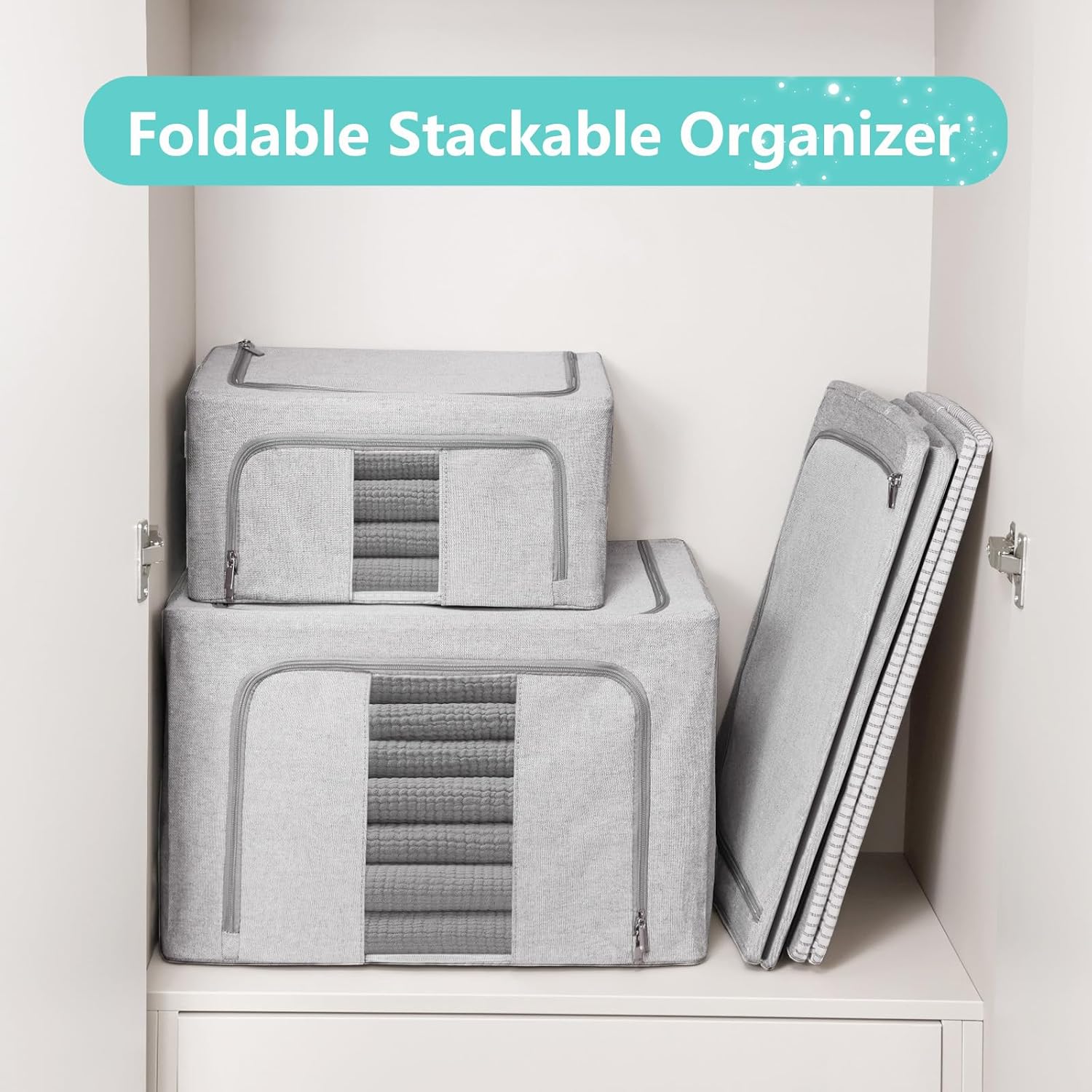 3 Pack Clothes Storage Bins, Foldable Metal Frame Storage Box with Lids,Stackable Linen Fabric Organizer Set with Carrying Handles,Zippers,and Clear Window (Grey, 66L)