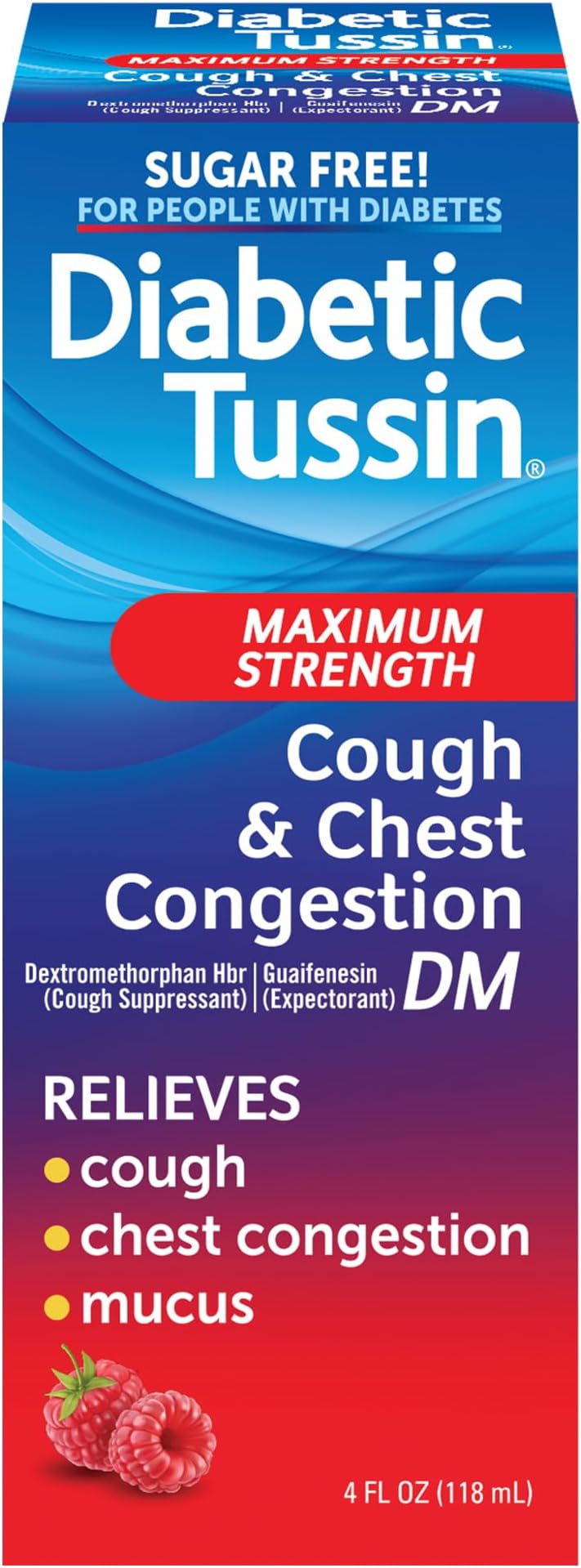 Diabetic Tussin DM Maximum Strength Cough Medicine for Adults, People with Diabetes – No Sugar, Dyes, Sodium, Fructose or Alcohol – Berry Flavored Cough Syrup, 4 Fl Oz