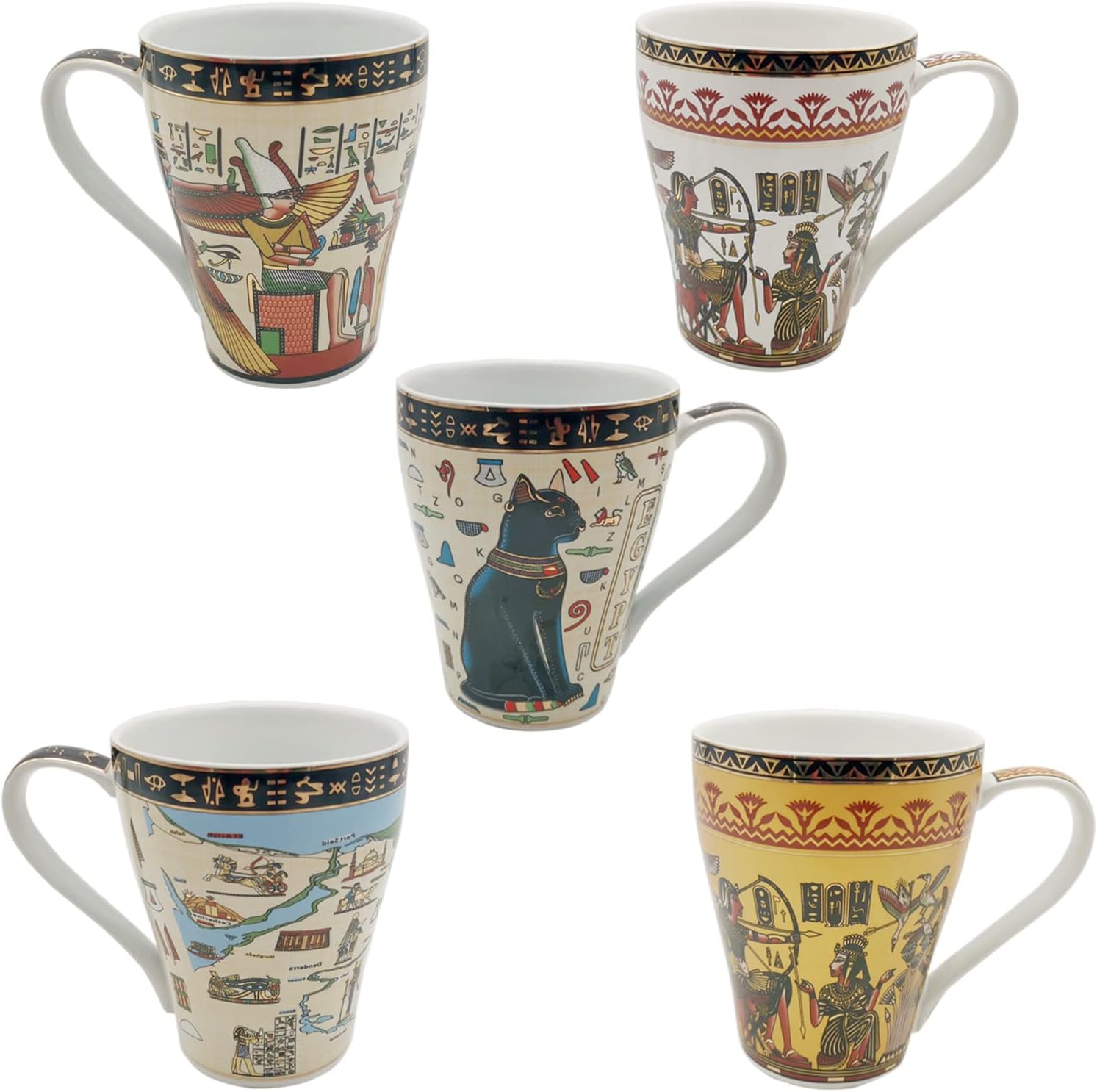 Ceramic Coffee Mug Ancient Egyptian Style Porcelain Large Cup for Coffee Tea for Home Life or Souvenir, for Family Friends 5 Kinds of Style 330ML (Black and Gold)