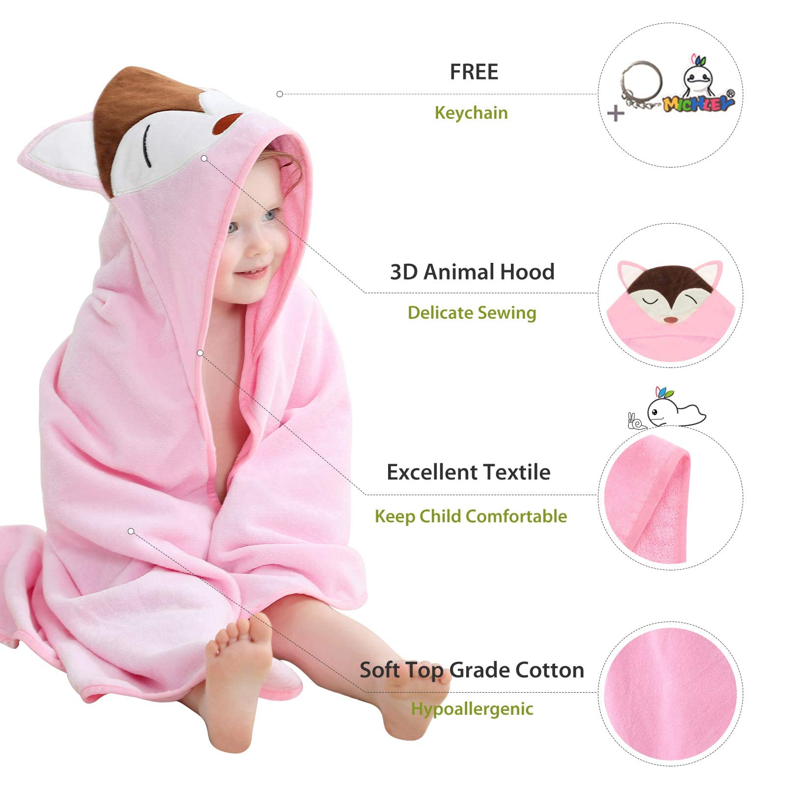 MICHLEY Toalla de baño unisex con capucha para bebé de algodón suave para la playa de 0 a 6 años, diseño de zorro rosa