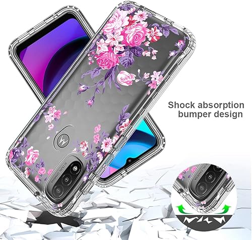Vista 7 de sidande Funda para Moto E20Moto E30Moto E40, XT2155 con protector de pantalla de vidrio templado, cuerpo completo, transparente, floral, funda