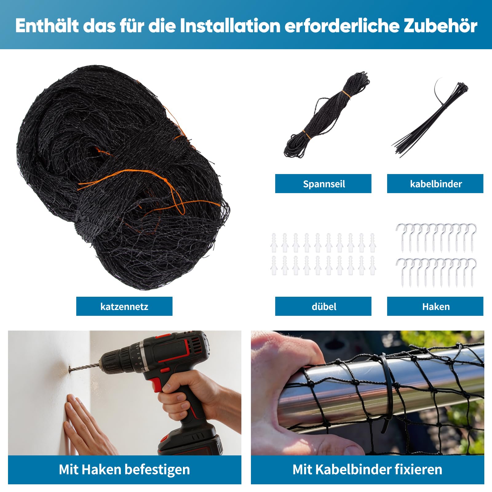 6x3m Katzennetz Drahtverstärkt für Balkon mit Montagezubehör Schwarz | Reißfest und Bissfest und alterungsbeständig durch Nylon(HDPE) und Stahldrahtmaterial, Für Balkonen Fenstern Türen Zäunen