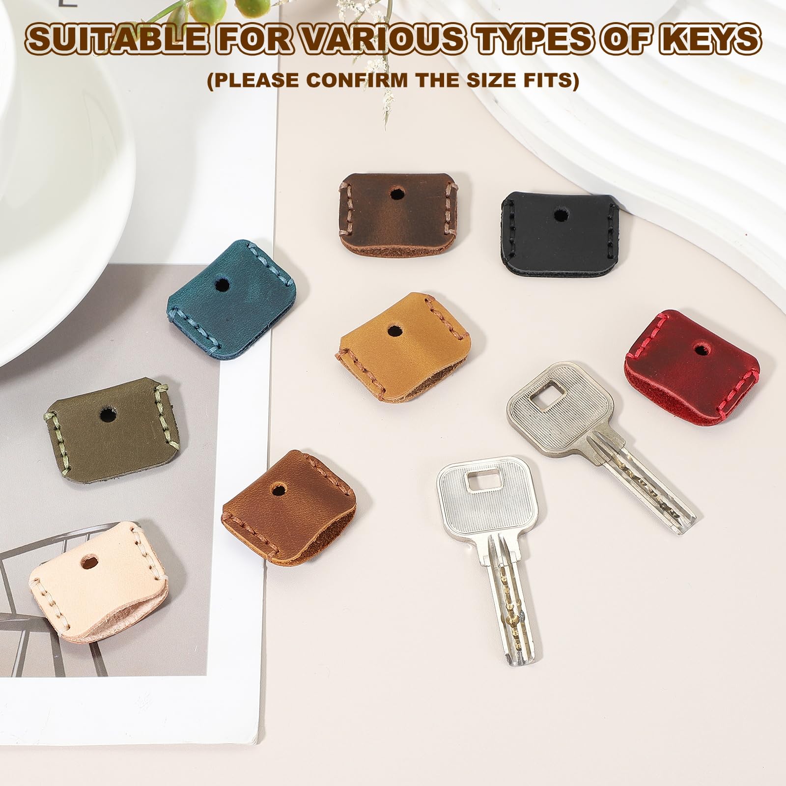 PATIKIL Leather Key Covers Caps, 3 Pack Head Key Sleeves Mini Key Tags Organizer for House Office House Apartment Keys Light Blue - Image 3