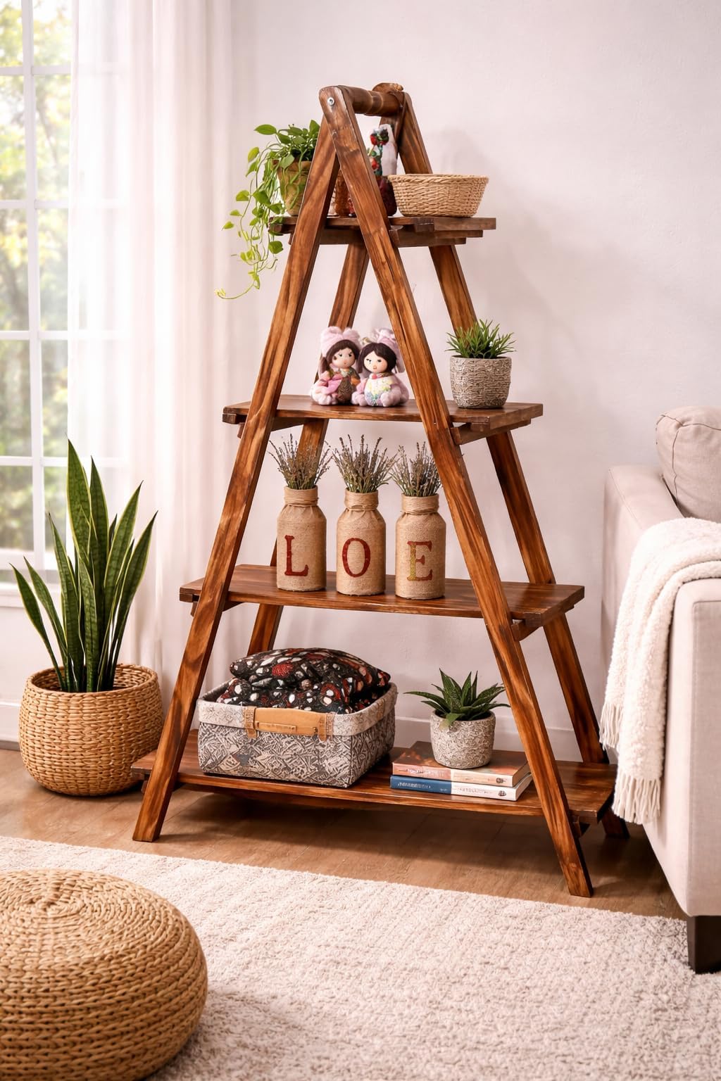 Wooden Ladder Shelf 4 Tier | Solid Wood A-Shape Display Rack for Living Room & Bedroom | Floor Standing Plant Stand Bookshelf | 60 Inch Height | Rustic Finish | Made in India (60 inch, 4)