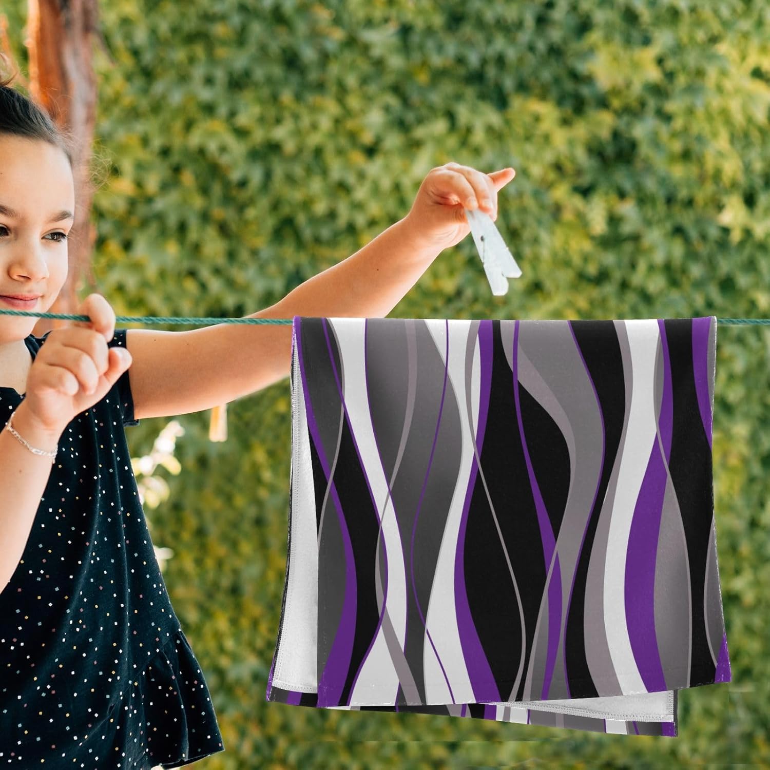 Purple Gray Hand Towels for Bathroom Set of 2,Absorbent Microfiber Black White Grey Striped Modern Abstract Kitchen Towels 14"x28",Decorative Bathroom Towels for Bath,Face,Guest,Hair,Shower - Image 4