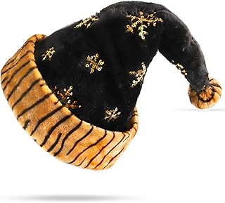 Christmas Hat, Santa Hat, Christmas Gifts for Women and Men, Thickened Soft Velvet Fabric, Gold Glitter Snowflakes Skin Texture, Xmas hat Suitable for Christmas Eve New Year Party Decorations (Striped Black)