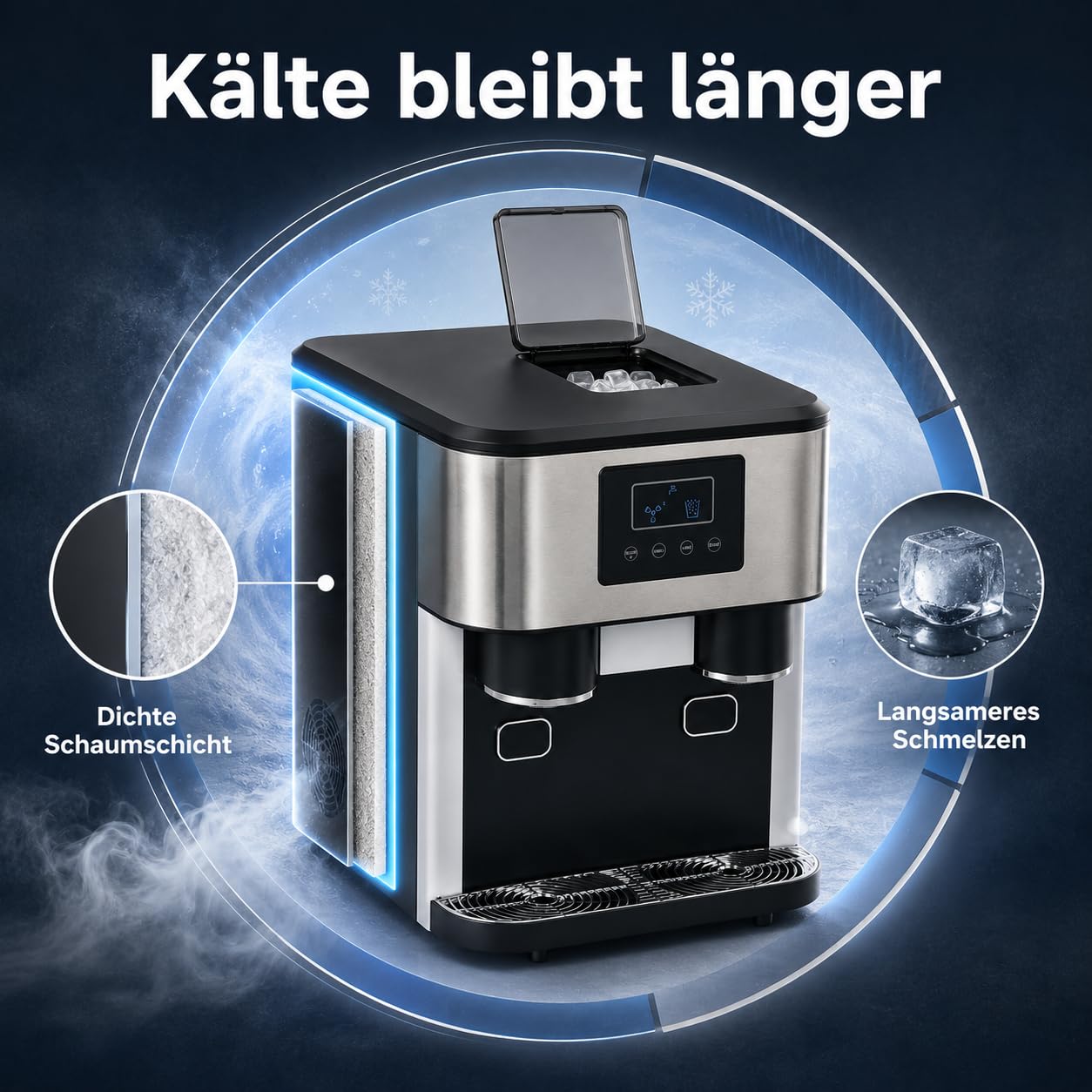 Macchina per il ghiaccio 3 in 1, dispenser di acqua, cubetti di ghiaccio e tritaghiaccio, LCD, 7-9 minuti, 16 ghiaccio | 16 sfere di ghiaccio per ciclo, 7-9 minuti. per passaggio, per casa, ufficio, caffè e bar, facile da usare, design compatto