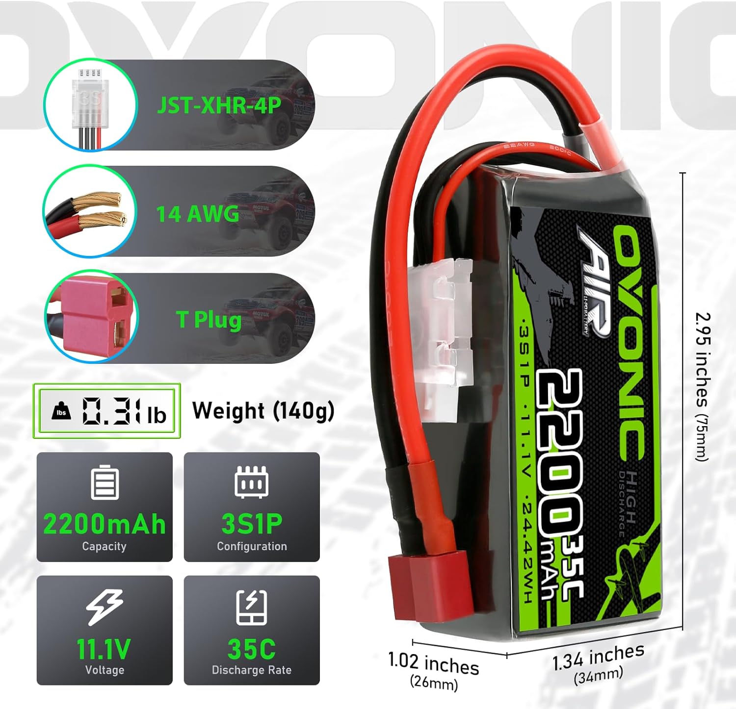 OVONIC 3S Lipo Battery 2200mAh 11.1V 35C Shorty Pack Battery with Dean-Style T Connector for RC Drone Airplane Quadcopter Helicopter FPV RC Car Truck Vehicles RC Boat RC Hobby Models (2 Pack)