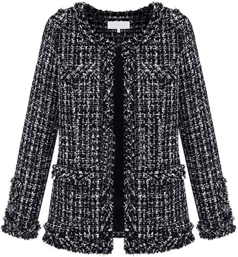 chouyatou Women's Fall Business Casual Tweed Blazer Jacket Collarless Open Front Dressy Tweed Jacket