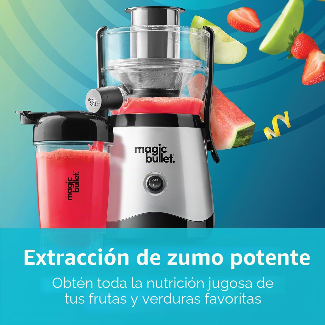Nutribullet Magic Bullet Exprimidor centrífugo de silicona y acero inoxidable, 400 W, juego de 10 piezas, 470 ml, color negro, diseño compacto y apto para lavavajillas, jugo sobre la marcha en dos