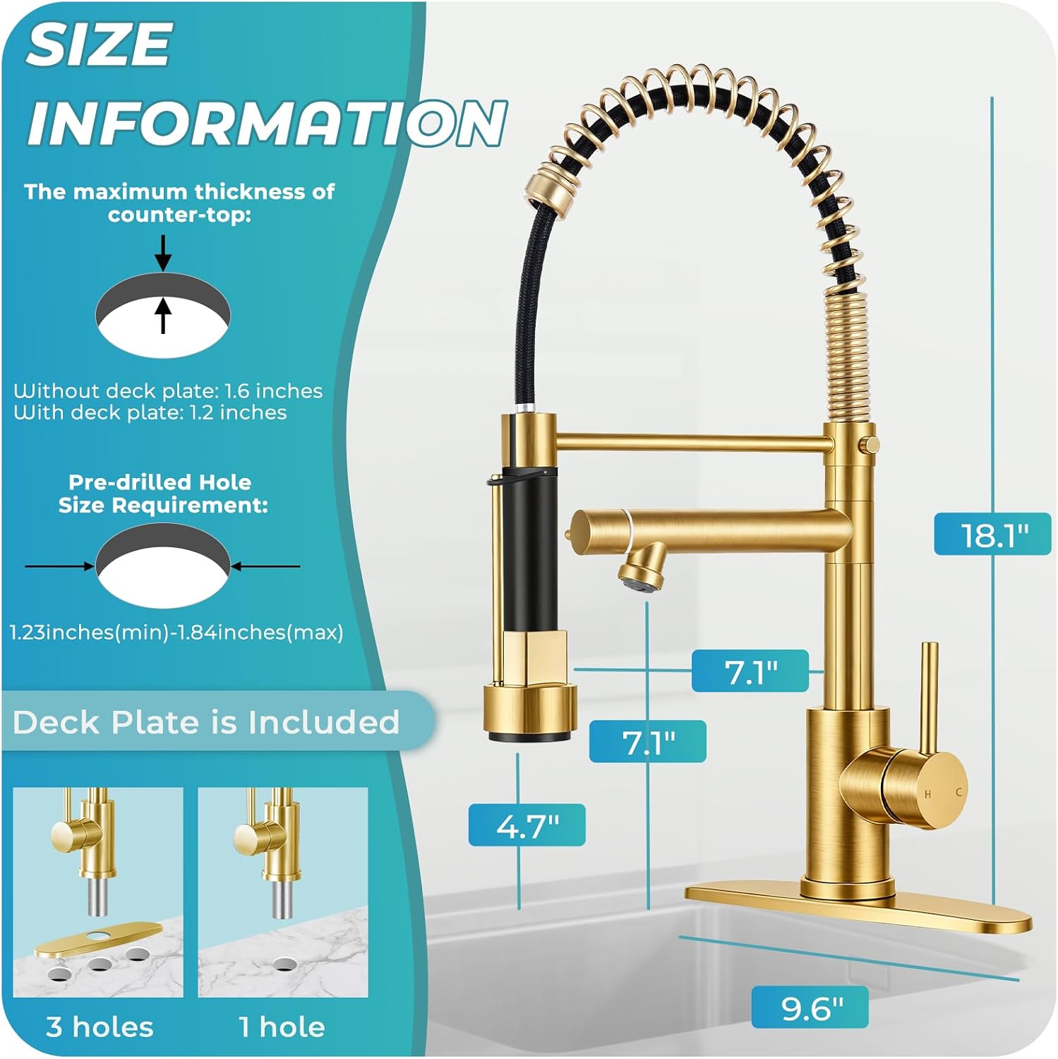 Kitchen Faucet with Pull Down Sprayer - Brushed Gold Single Handle Commercial Kitchen Faucets, 2-Spout Kitchen Sink Faucet, Stainless Steel Spring Pull Out Sink Faucet 1/3 Hole