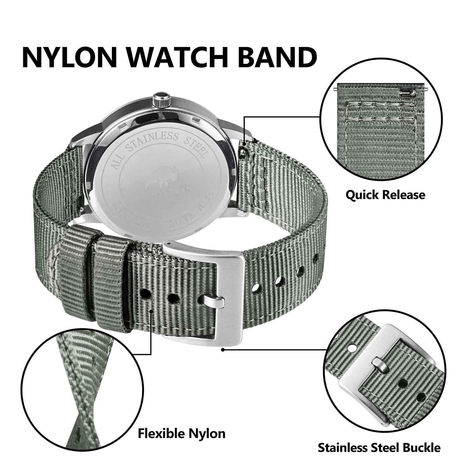 BISONSTRAP Cinturini in Nylon da Uomo, Cinturino per Orologi Militari, Sgancio Rapido, Fibbia Spazzolata, Larghezza Cinturino 18mm 19mm 20mm 22mm