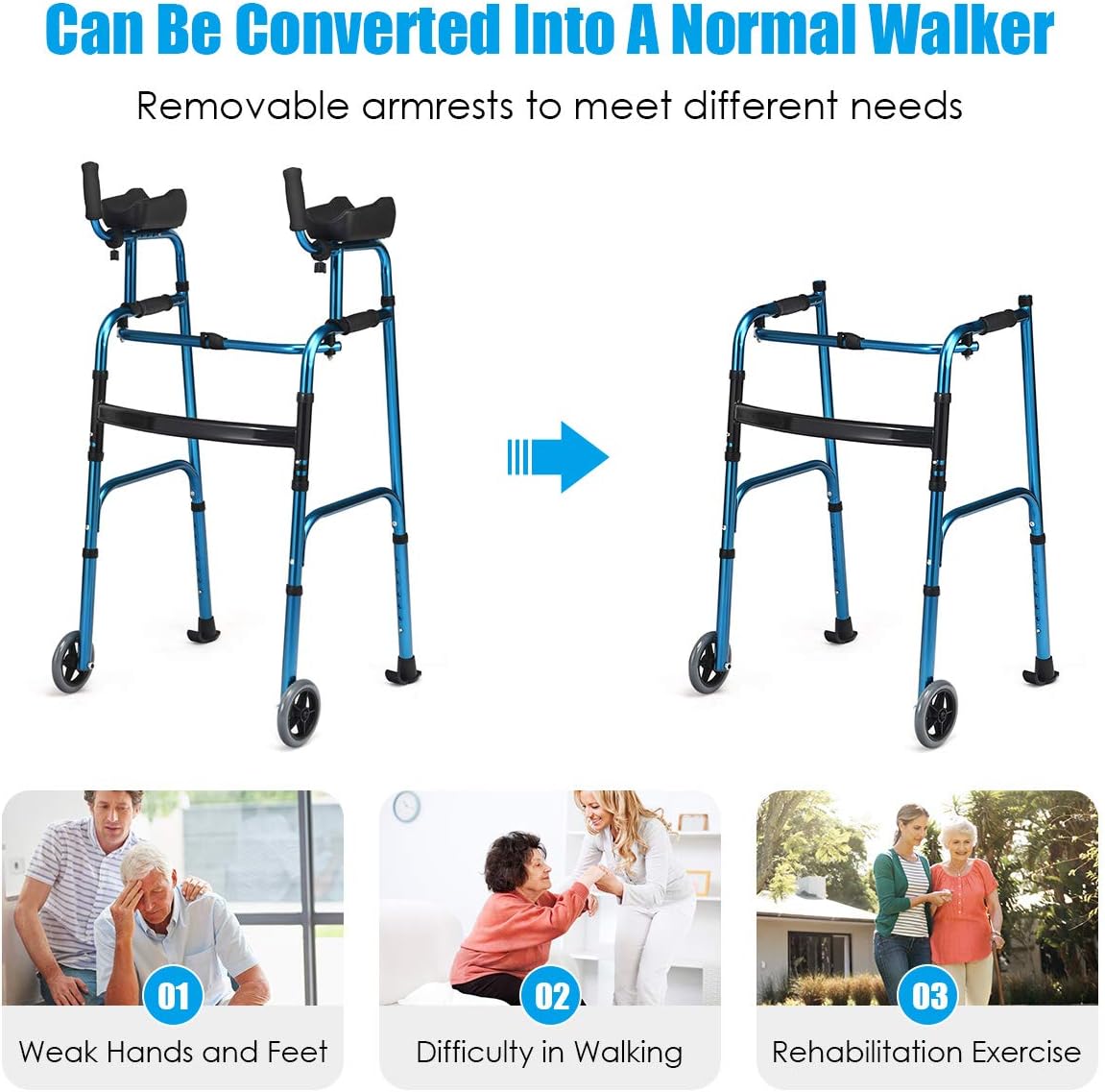 Goplus Foldable Standard Walker, Lightweight Aluminum Alloy Wheel Rehabilitation Auxiliary Walking Frame with Arm Rest Pad and Wheels, Height Adjustable Elderly Walking Mobility Aid (Blue + Black) : Health & Household