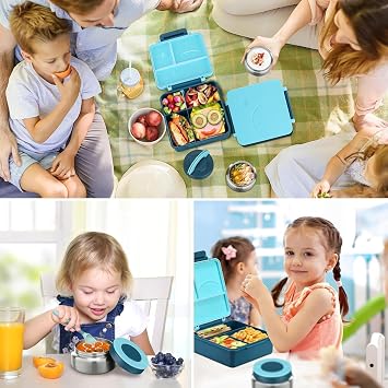 Bento Lunch Box Set for Kids with 8oz Soup Thermo, Leak-Proof Lunch Containers with 4 Compartment, Kids Thermo Hot Food Jar and Insulated Lunch Bag for School-Blue