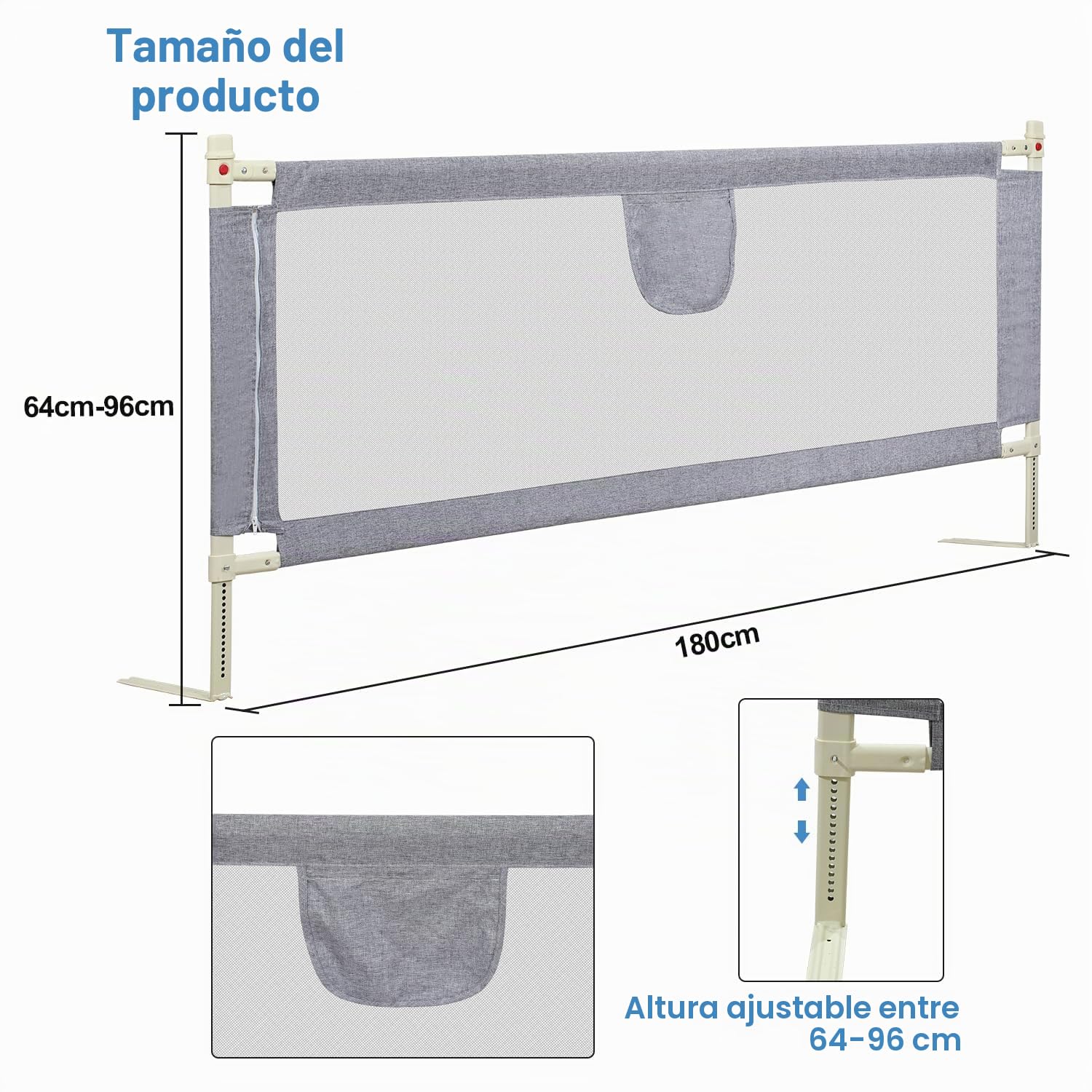 Barrera de cama para niños pequeños, altura ajustable 60-96 cm, barrera para cuna de bebé 180 x 80 cm, para cunas, gris