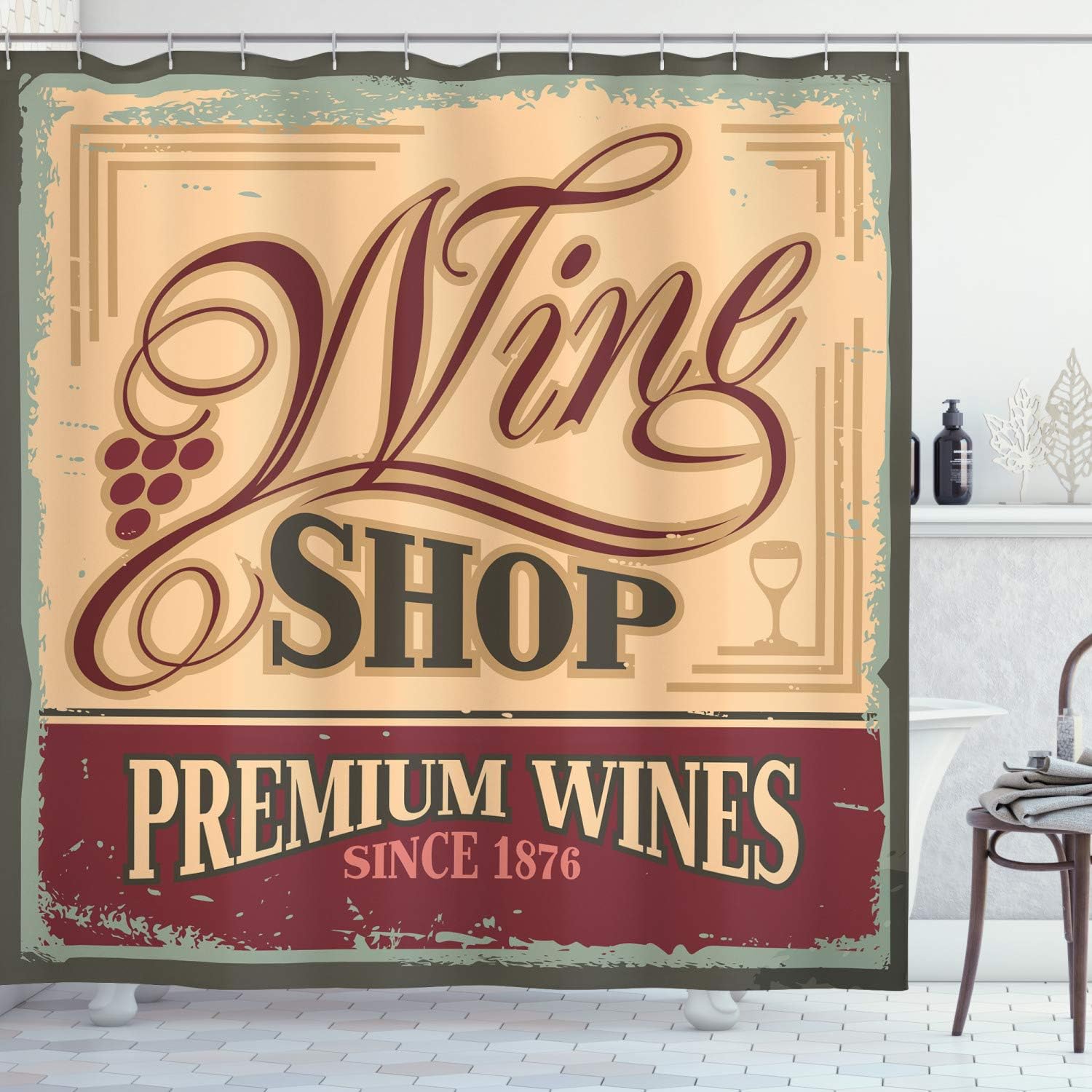 Ambesonne Vintage Shower Curtain, Vintage Rusty Pop Art Style Sign for Wine Shop Past Time Adds Bohemian Art Print, Cloth Fabric Bathroom Decor Set with Hooks, 69" W x 84" L, Orange Red