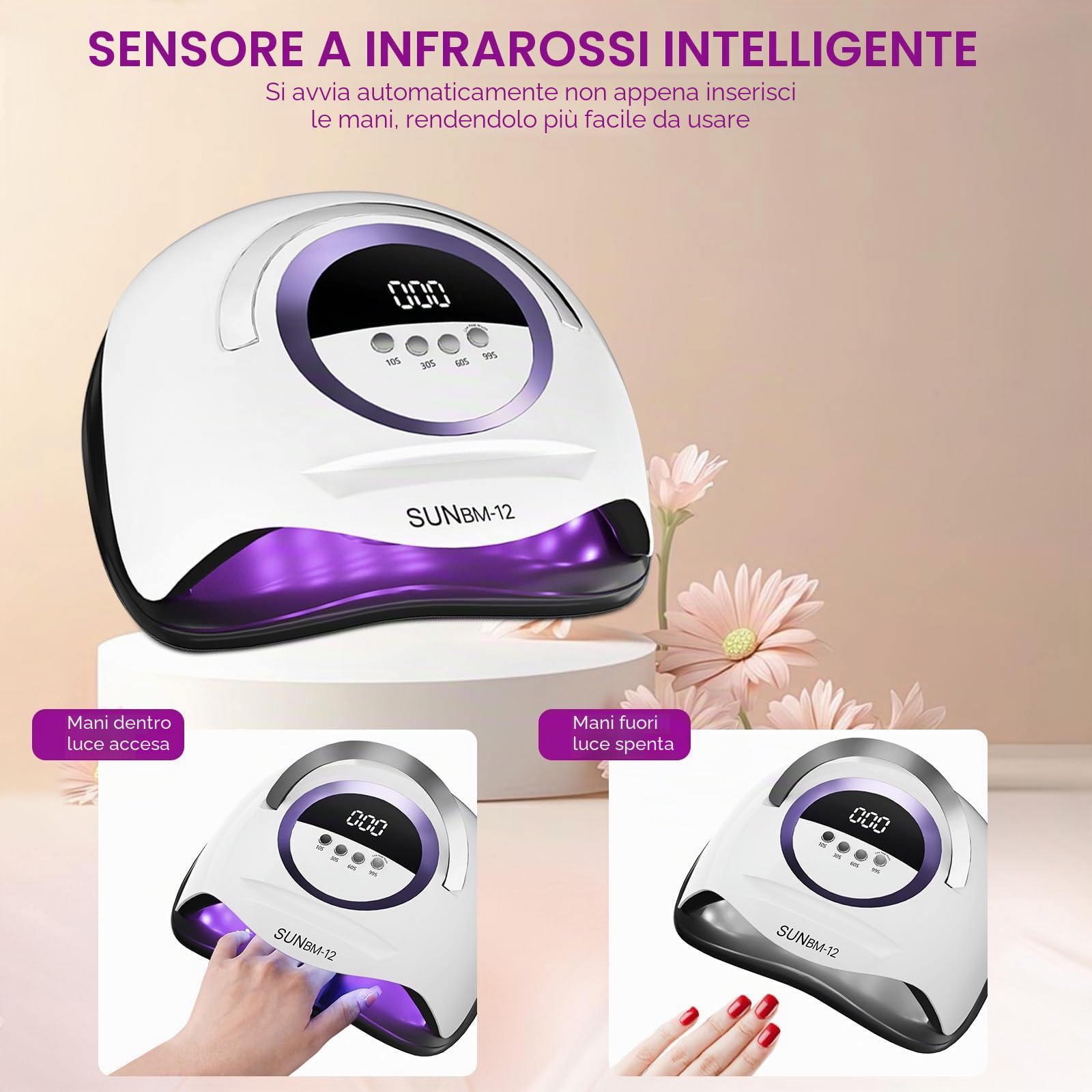 Lampada per unghie UV LED da 300 W, asciuga unghie professionale, smalto gel, luce UV per unghie con 72 perline, 4 impostazioni timer, sensore automatico, display LCD
