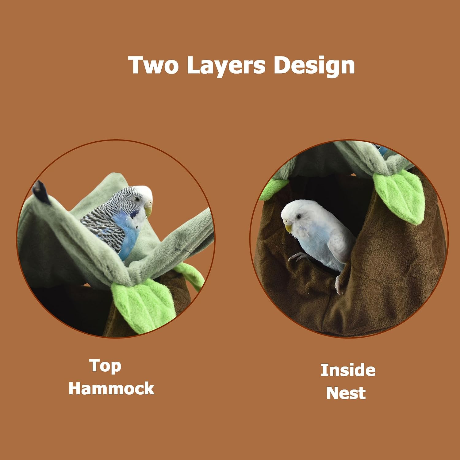 FLAdorepet 2 Layers Bird Hammock Nest Hanging Bed for Parrot Sugar Glider | Soft Plush Warm Bed;Tree Stump Leaf Outlook;4 Metal Hooks;Two Rest Zones,Warm Windproof Hideout,Fits Parakeets Cockatiels