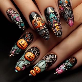 24 Pcs Halloween Press on Nails Short Almond Nail Tips,YEFIUO Acrylic Nail Kit Fake Nails Press ons Glue on Nails Full Cover Reusable False Nails Ghost Pumpkin Ancient House Nail Art for Ma'am