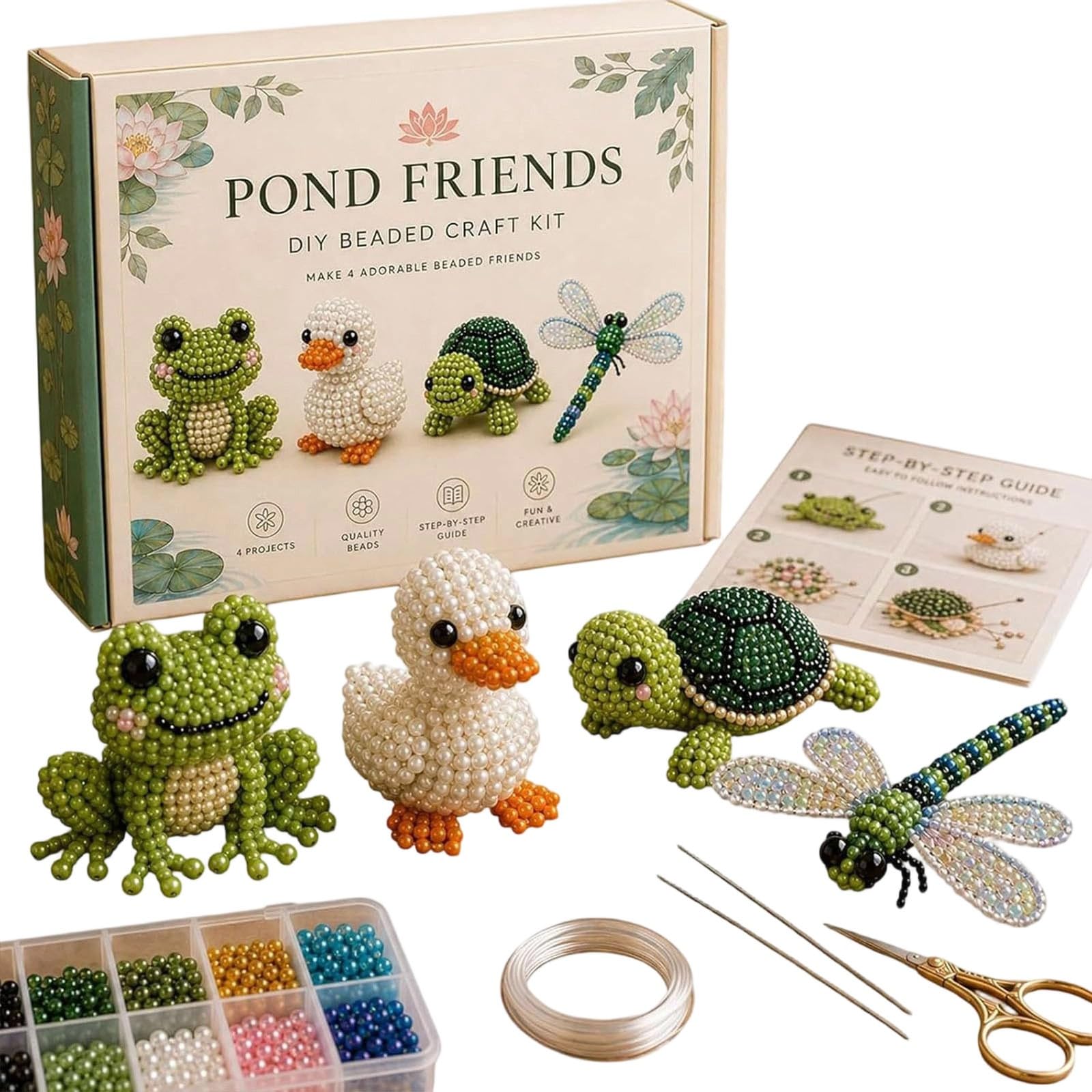 3D Beaded Animal Kit, DIY Animals Beading Set with 4 Cute Designs, Fun Handmade Embroidery Bead Set, Creative Animals Jewelry Art Craft Kits, for Adults Beginners with Instructions (Color A)