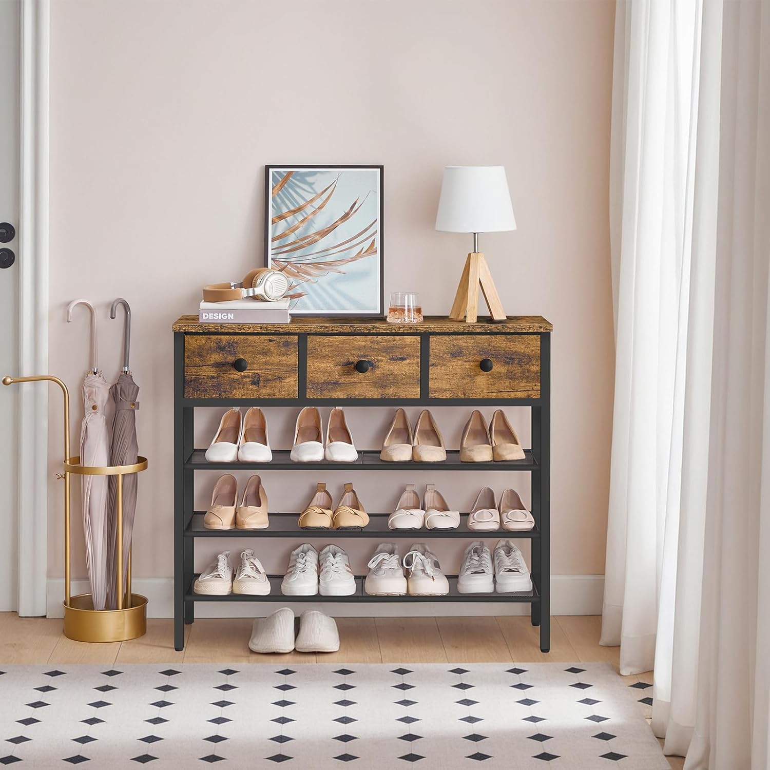 4-Tier Shoe Rack with 3 Drawers, Metal Shoe Organizer for 15 Pairs with Storage Shelves and Wooden Top, for Entryway, Hallway, Foyer, Closet, Rustic Brown and Black SS34BR