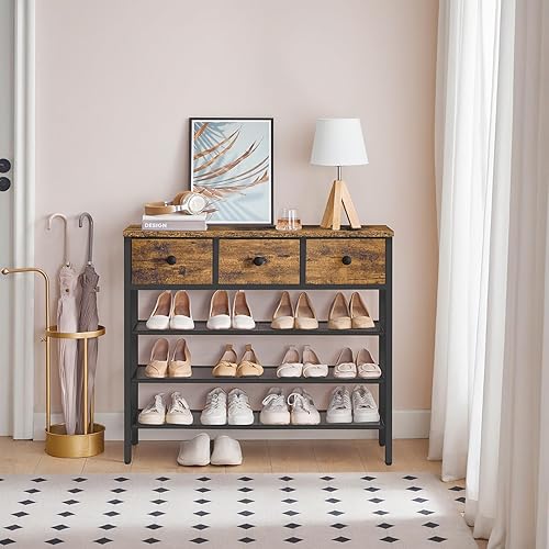 Miniatura 4 de Zapatero de 4 niveles con 3 cajones, organizador de zapatos de metal para 15 pares con estantes de almacenamiento y parte superior de madera, para