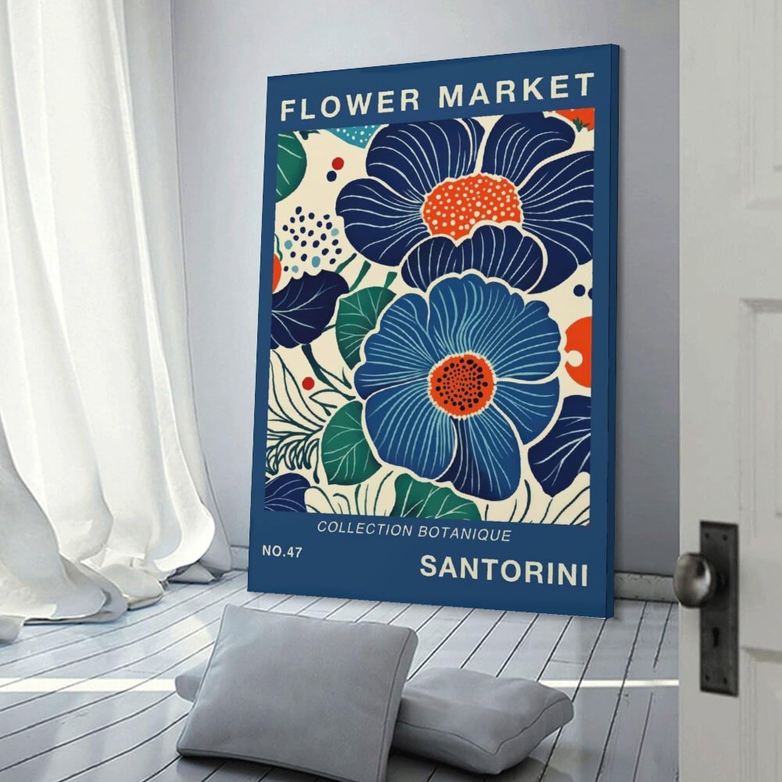 Junmoney Frame-Style-14 Decorative Wall Artwork Flower Market Santorini Botanical Art Print, 24X36inch(60X90cm), For Contemporary Homes, Apartments Or Offices, An Easy Choice For New Home Styling