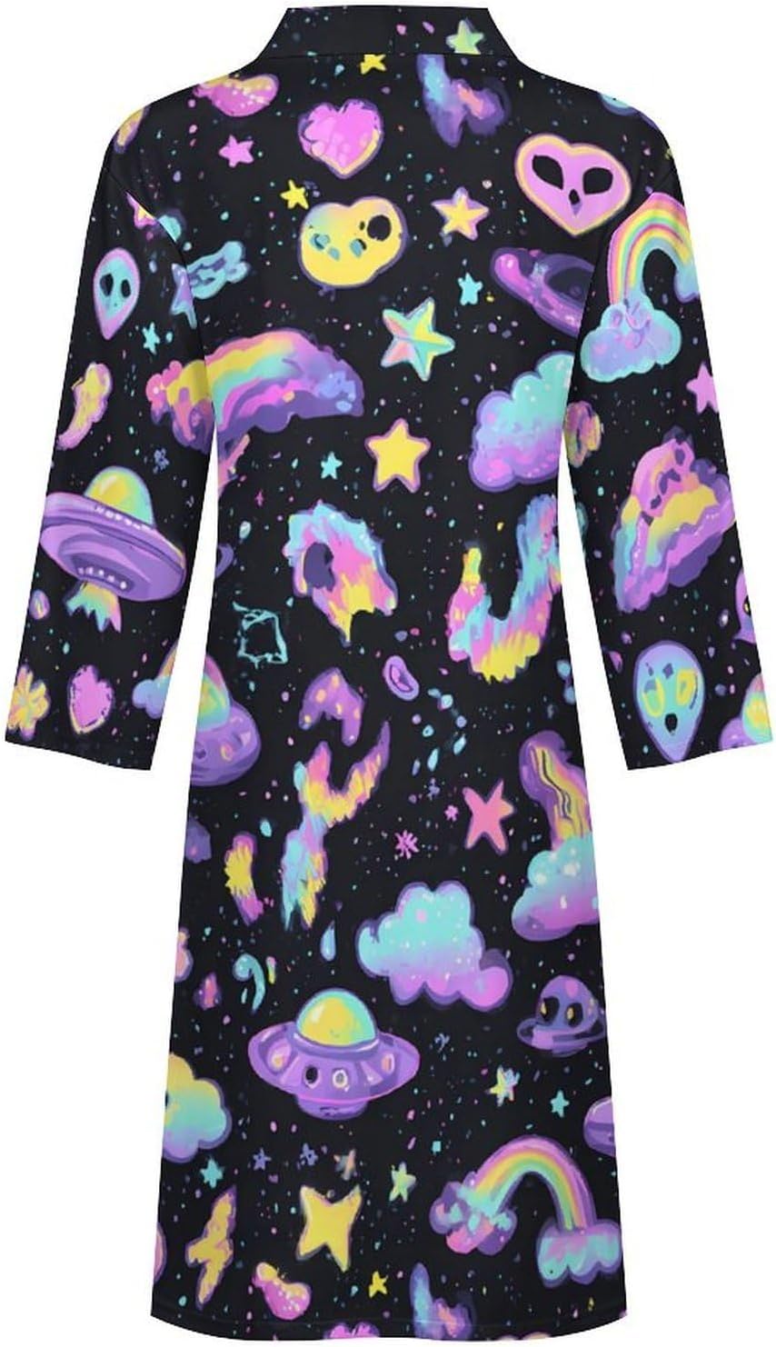 Aliens Neon Rainbow Casual Robes Bathrobe Knee Length V-neck Loungewear Sleepwear