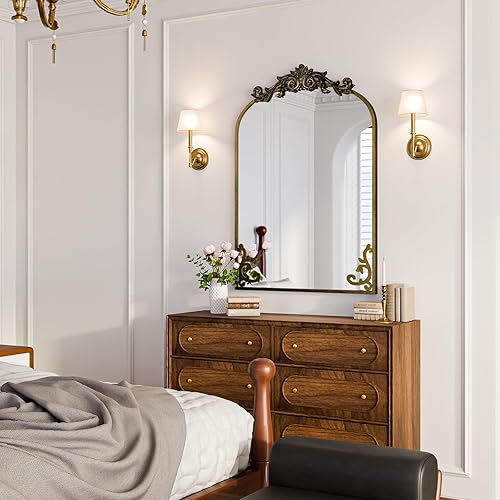 Miniatura 8 de Koonmi Espejo vintage, espejo barolón antiguo de 24 x 36 pulgadas para pared, marco de bronce con patrones ornamentados, cabeza de flor desmontable,