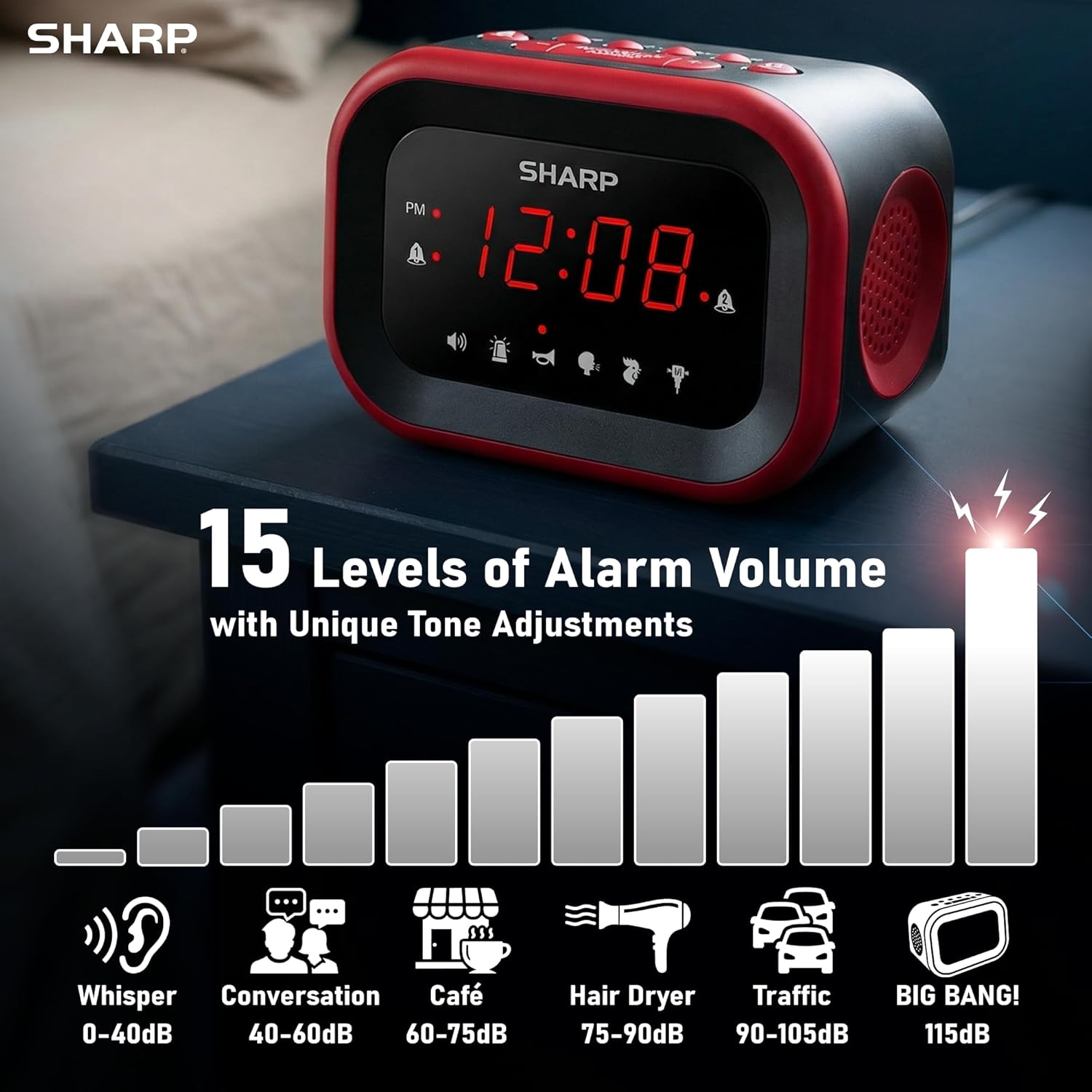 Sharp Big Bang Super Loud Alarm Clock for Heavy Sleepers, 115dB Extreme Wake-Up Alarm, Dual Alarms, 6 Wake Sounds, Large Red LED Display, Dimmer Control & Battery Backup, Bedroom Clock
