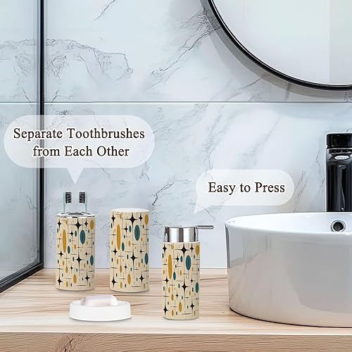 Miniatura 2 de Juego de 6 accesorios de baño, estilo vintage de mediados de siglo, estilo vintage de los años 50, moderno y retro, con motivos circulares atómicos,