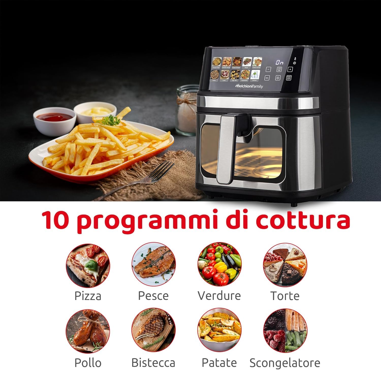 Friggitrice ad Aria 8 Litri Melchioni Gaia Plus Doppia Resistenza 2200 watt Compatta Display Led a Colori 10 Programmi Timer 60 Minuti Vetro 118340044 by Dimensione Elettronica (Ricondizionato)