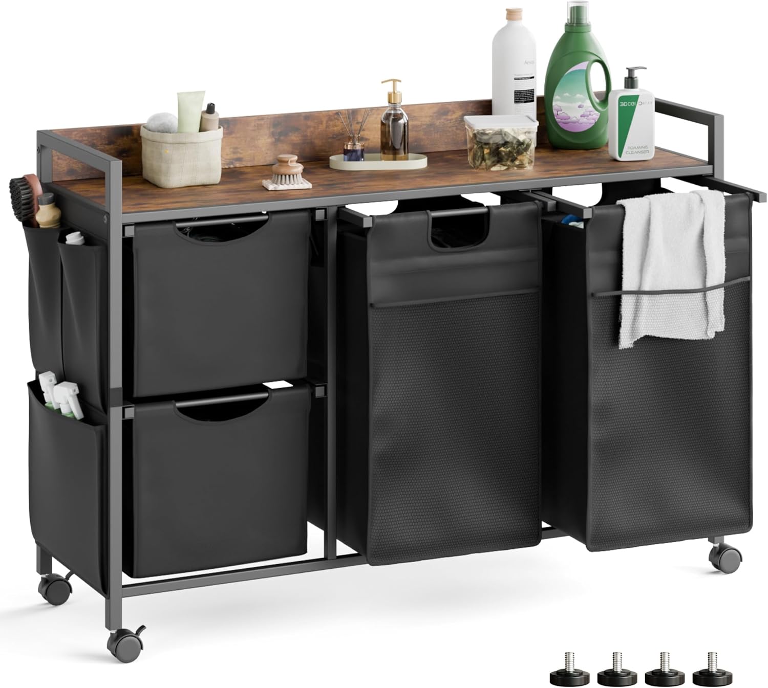 Laundry Sorter with 4 Sections, Laundry Hamper with Wheels, Laundry Basket with Small Side Pockets and Pull-Out Removable Liners,for Laundry Room Bedroom Bathroom (150L)