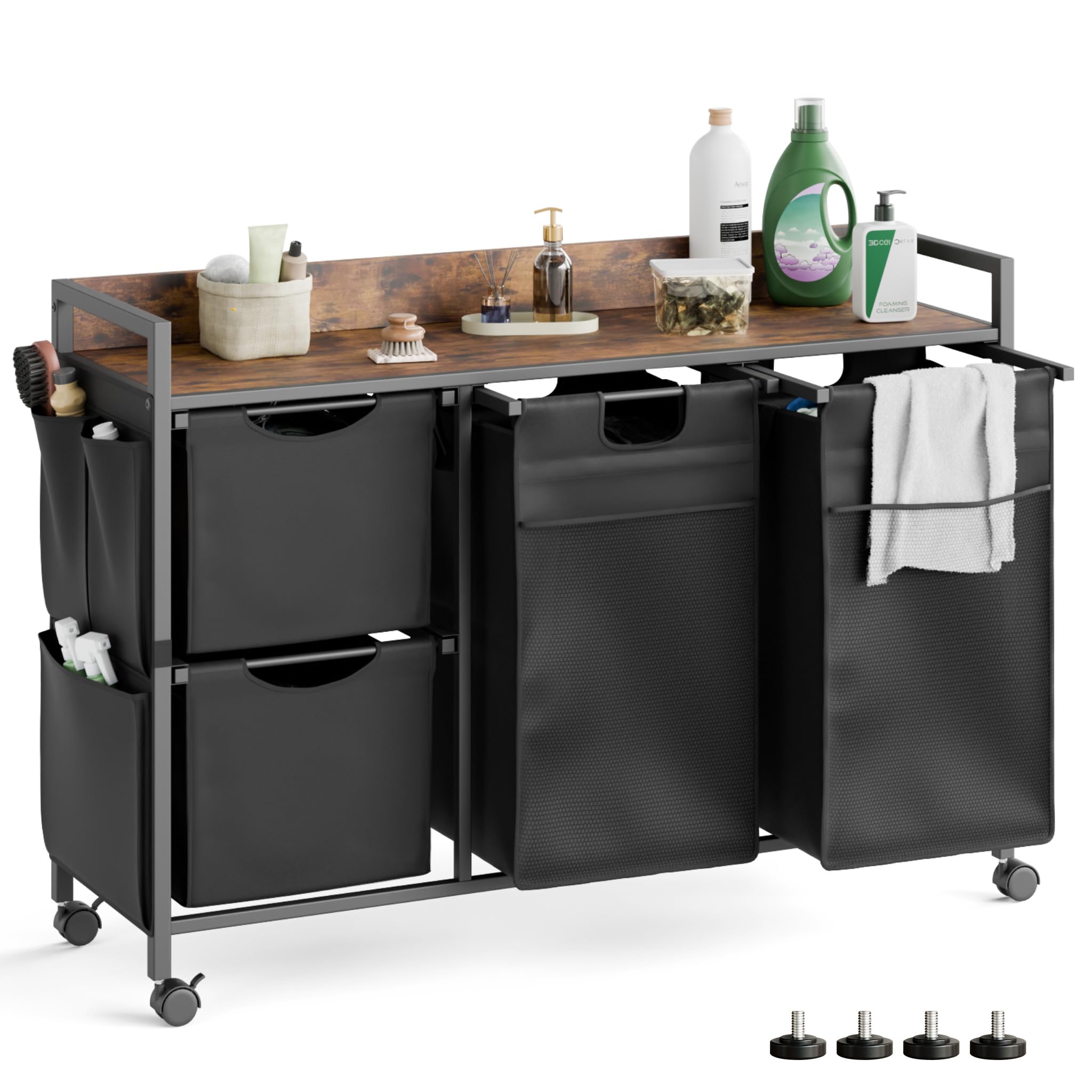 Mondeer Wäschekorb 4 Fächer, 150 L Wäschesammler mit Ablage, Wäschewagen mit Seitliche Taschen und herausnehmbare Wäschesäcke Für Waschküche Schlafzimmer Badezimmer, Vintagebraun-Schwarz