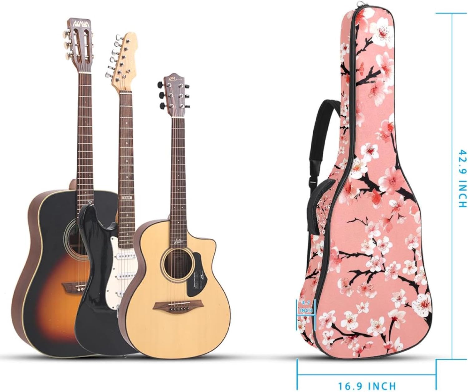 Acoustic Guitar Bag, 40 41 42 Inch Guitar Case Cover Soft Guitar Gig Bag for Acoustic Electric Bass Classical Guitar, Beautiful Cherry Blossom Pattern Pink