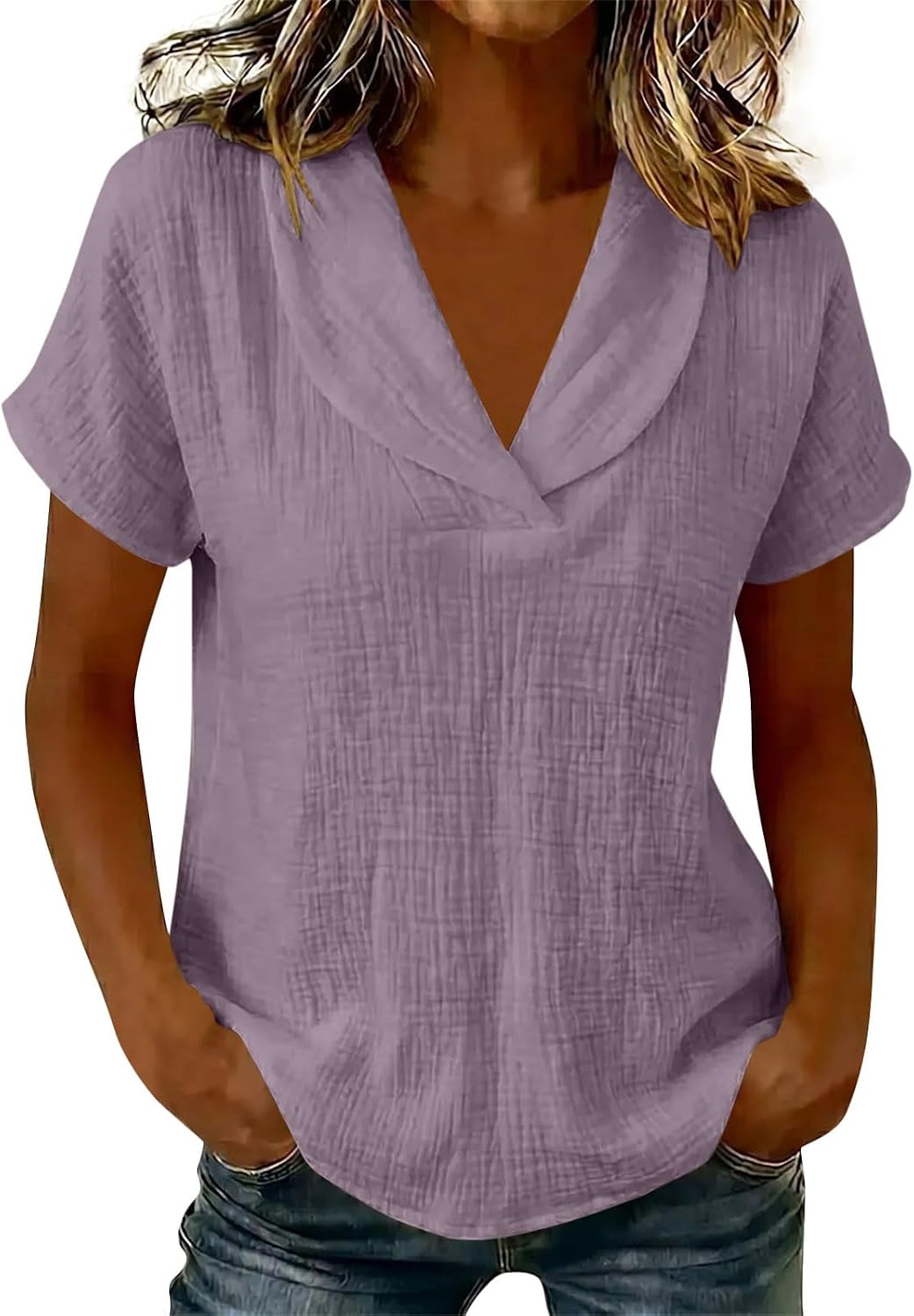 Oplxuo Women's Cotton Tops Casual Short Sleeve Shawl Collar V Neck Shirts Lightweight Loose Fit Summer Dressy Work Blouses