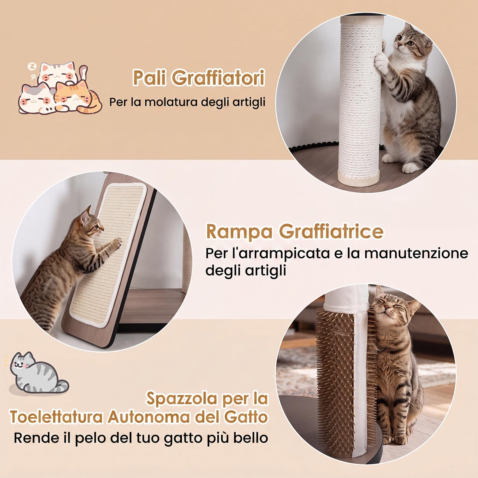 COSTWAY Albero Tiragraffi per Gatti 155 cm, per Gatti Adulti e Piccoli | Tira Graffi in Legno a 5 Livelli con Cuccia, Posatoi, Trespolo, Pali Graffiatoi, Rampa e Spazzola, Fodera Morbida Rimovibile