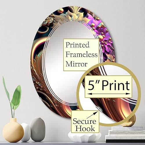 Miniatura 3 de DesignQ Abstract Ornate Flowers in Purple and Gold II- Vanity Mirror, Bathroom Mirrors, Wall Mirrors for Living Room, Bedroom - Oval Mirror - Large