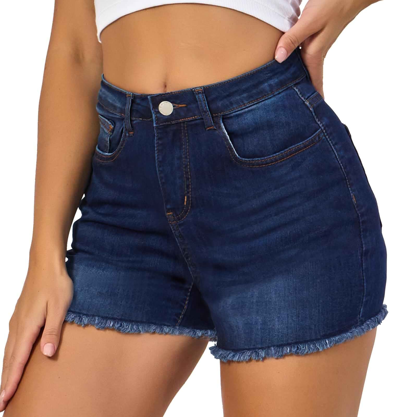 VIPONES Women Mid Rise Jeans Shorts Frayed Raw Hem Summer Stretchy Casual Denim Shorts