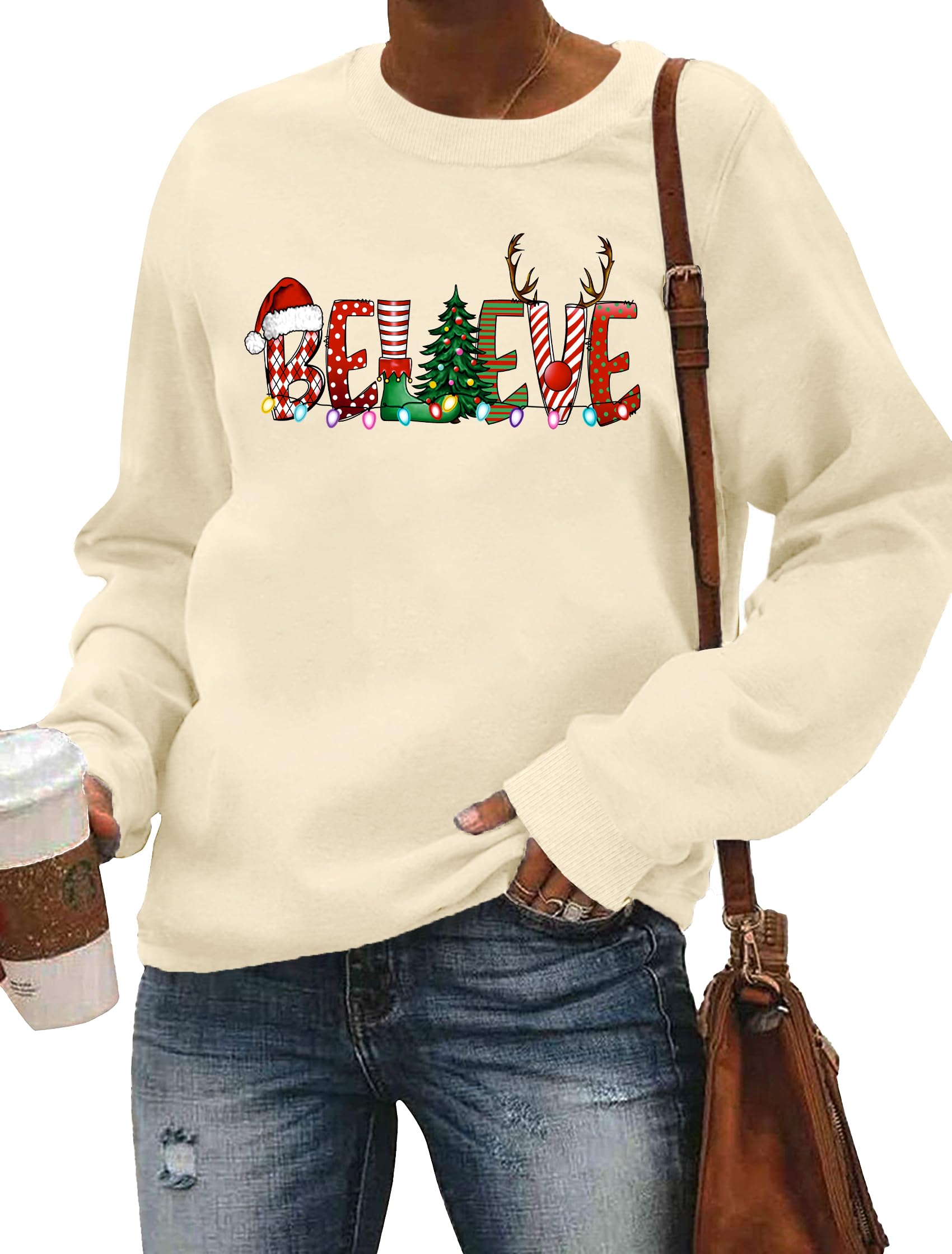 LHBNK Believe Christmas Shirt Womens Believe Plaid Print Tree T-Shirt Xmas Long Sleeve Sweatshirt Holiday Shirts Tops