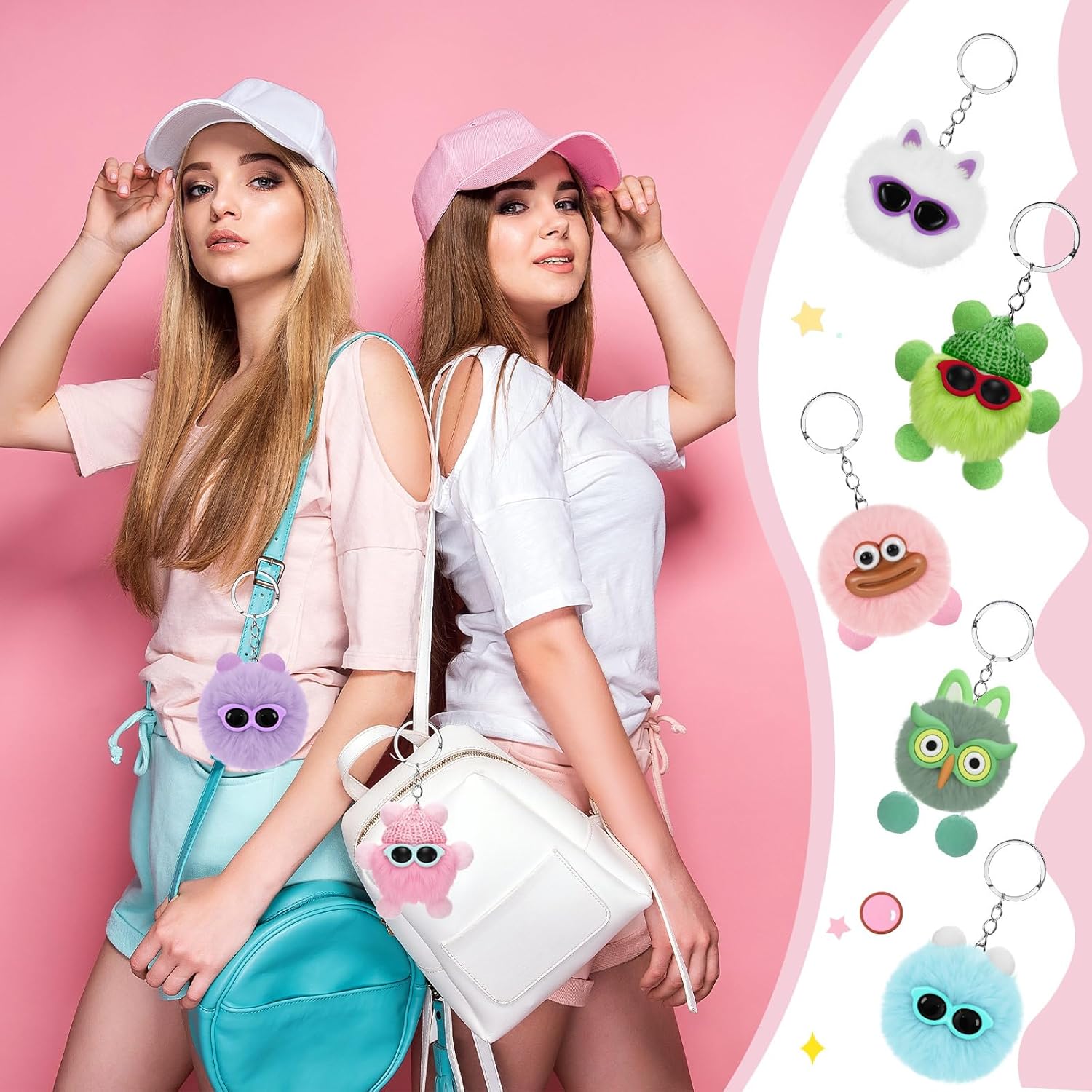 48 Pcs Kawaii Keychains Bulk Cute Plush Keychains Fluffy Pompoms Balls with Tassels and Keyrings Key Chain Kawaii Party Favors for Birthday Goodie Bags Piñata Prizes(Playful)