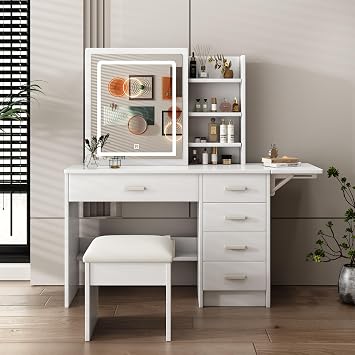 Ball & Cast 45.28" Fashion Vanity Desk with Mirror and Lights,Makeup Dressing Table w/Open Shelves & Chair,3 Color Lighting Brightness Adjustable,5 Drawers,for Bedroom,Office,White