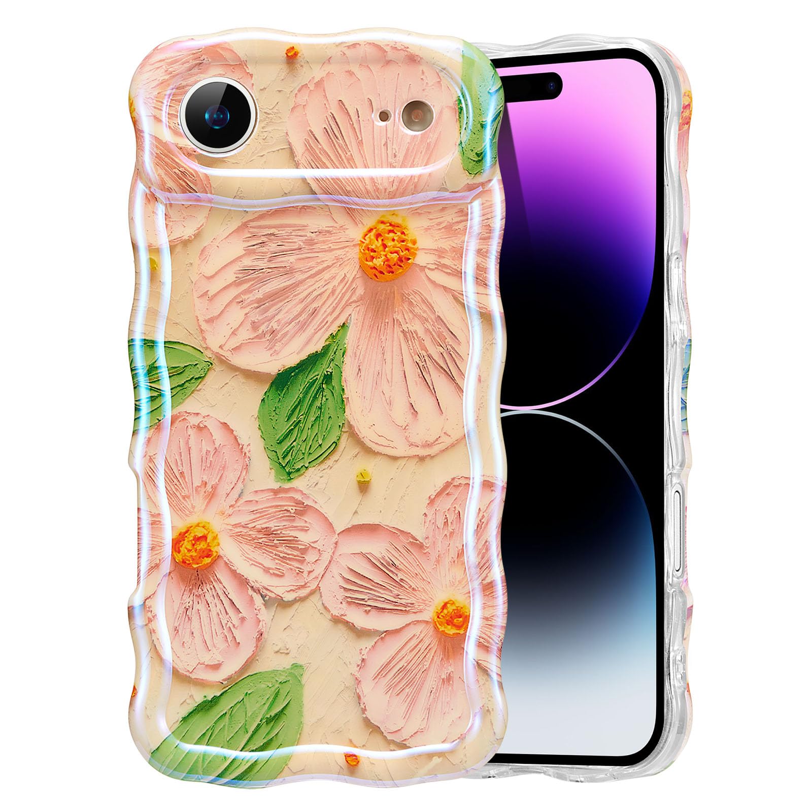 EYZUTAK Case for iPhone 15, Colorful Retro Oil Painting Flower Laser Beam Glossy Pattern Cute Curly Waves Border Exquisite Phone Cover Stylish Durable Soft TPU Protective Case for Girls Women - Green — view 107