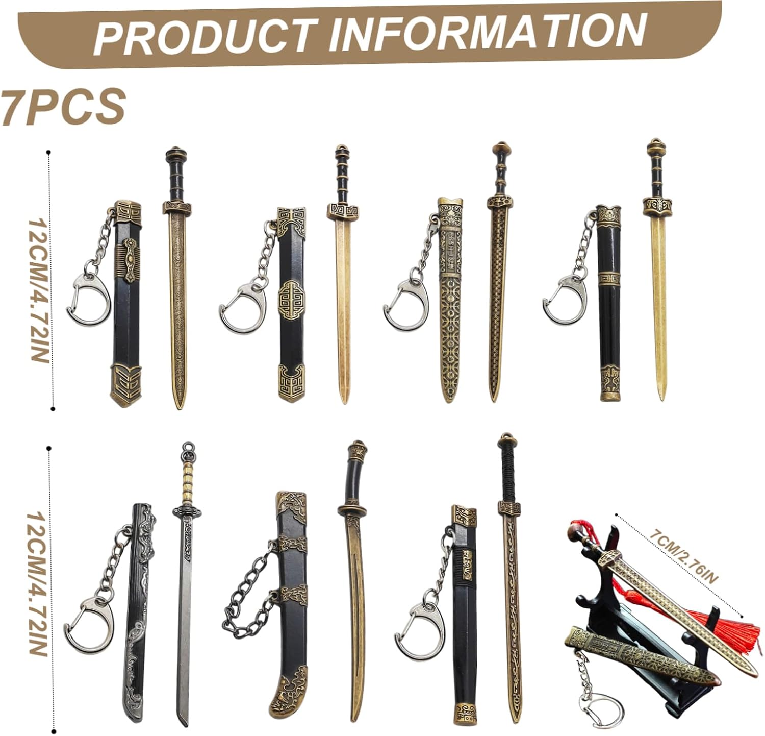 7Pcs 5 Inch Ancient Style Mini Sword Keychain Decorative Hanging Charm with Display Bracket image 5
