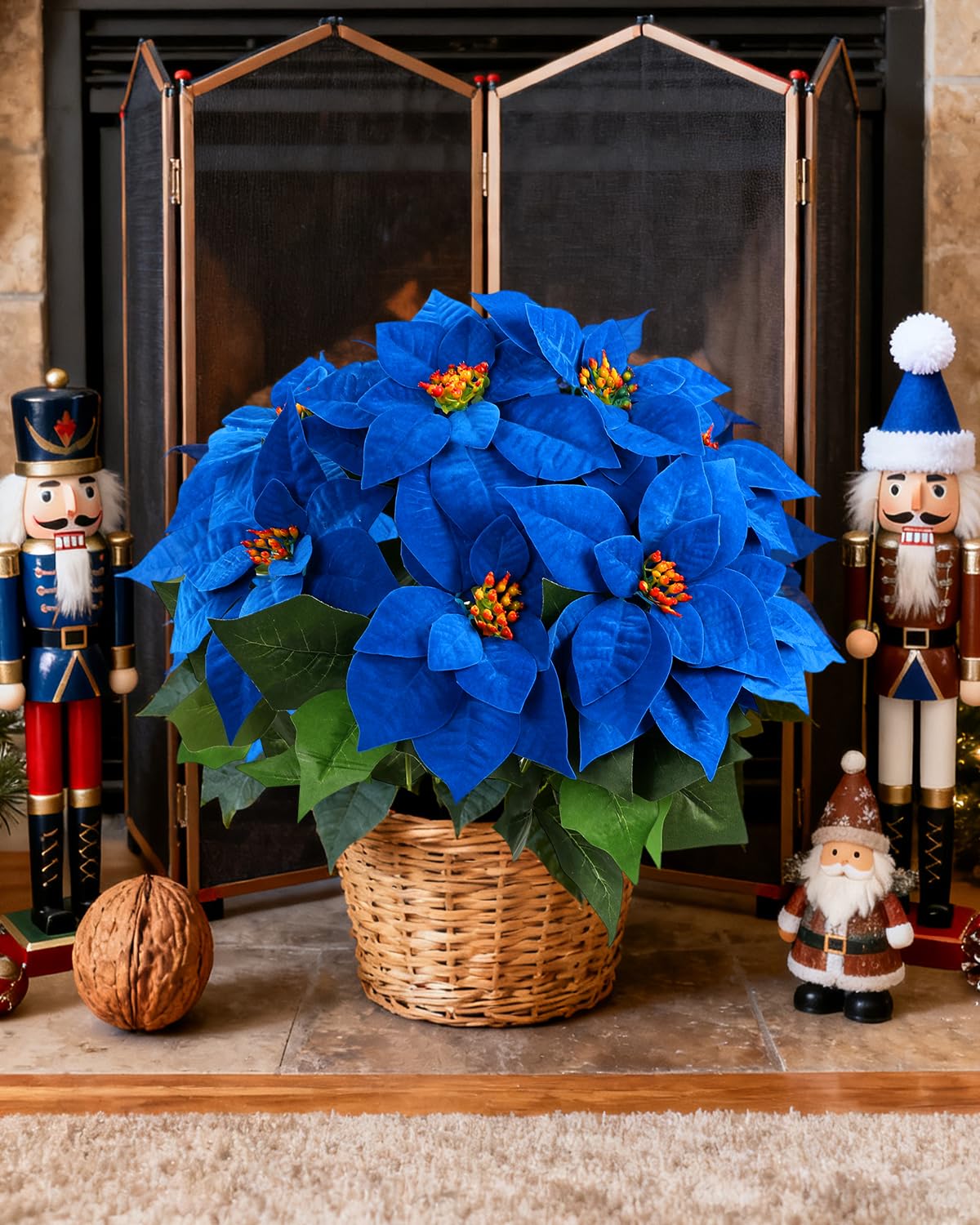 DuHouse Lot de 2 poinsettias artificiels en velours bleu roi de 50 cm pour la maison, la véranda, l'arbre, le jardin, l'intérieur et l'extérieur, décoration de Noël